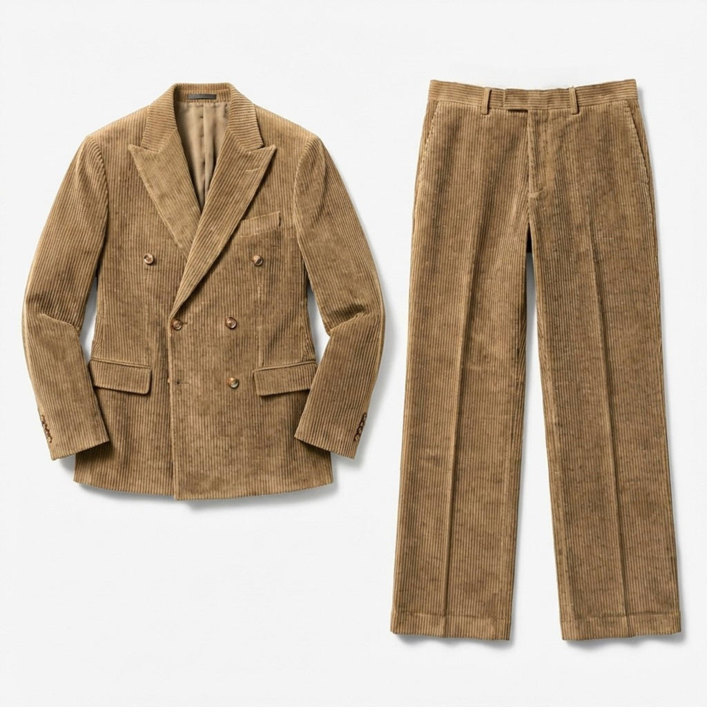 Men’s Tailored Double Breasted Suit Set – Six Button Corduroy