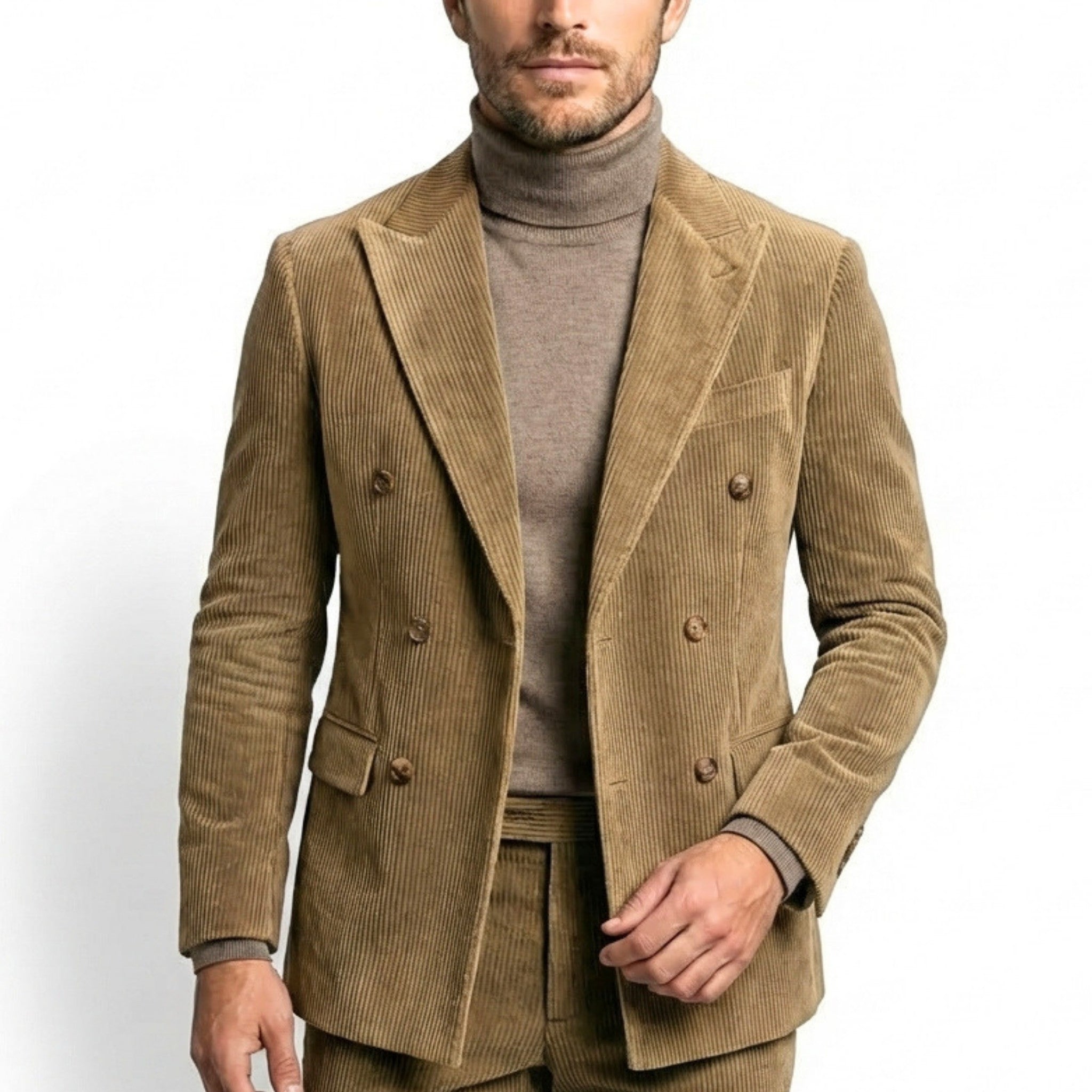 Men’s Tailored Double Breasted Suit Set – Six Button Corduroy