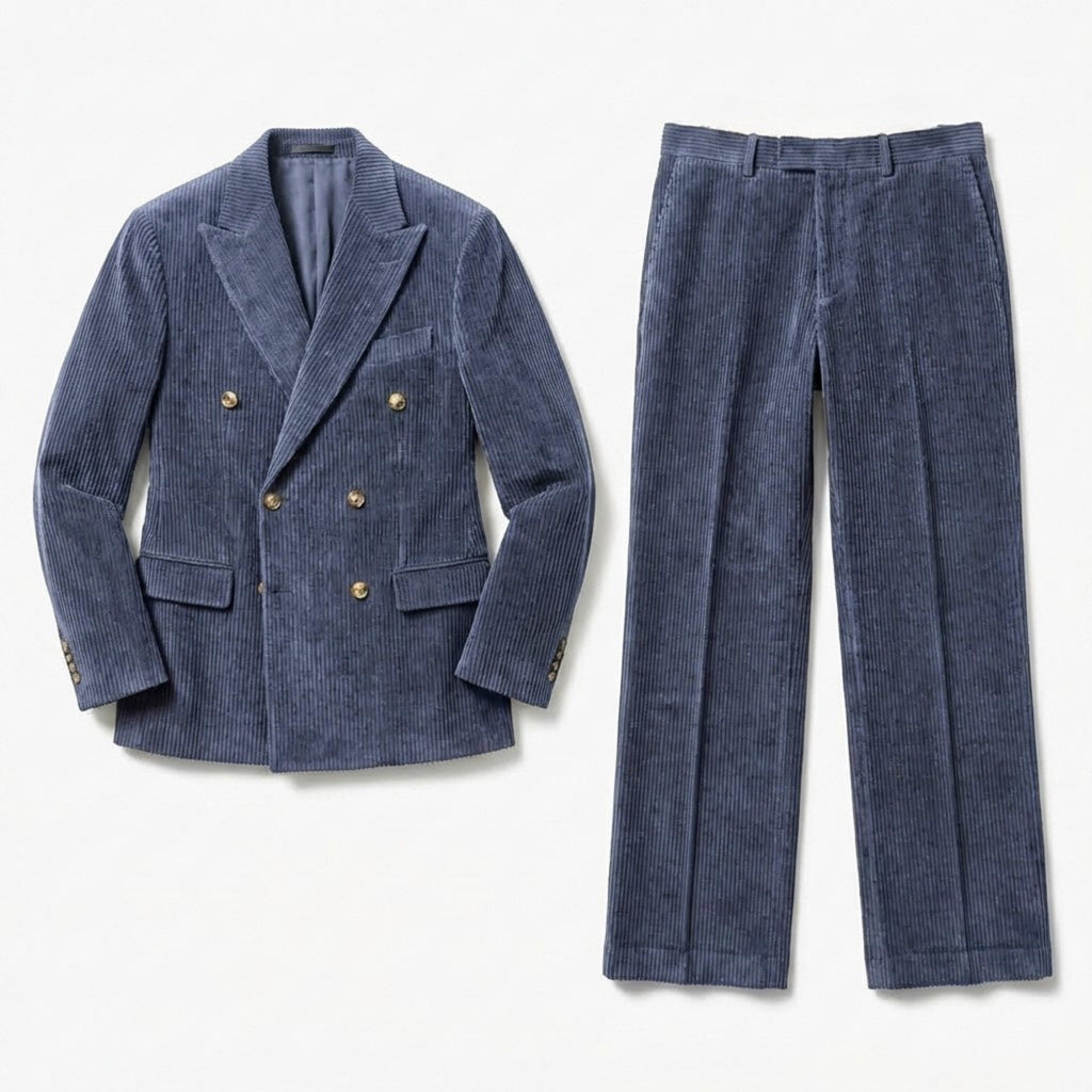Men’s Tailored Double Breasted Suit Set – Six Button Corduroy