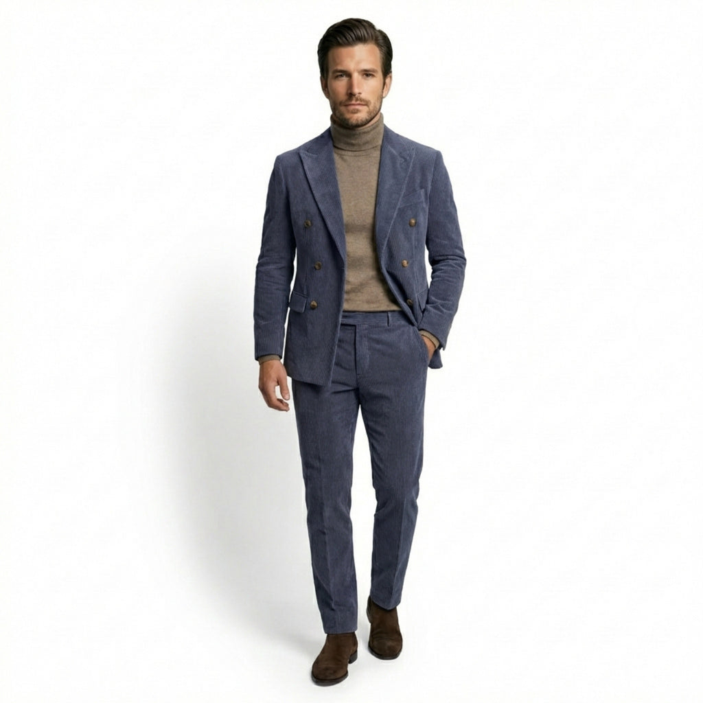 Men’s Tailored Double Breasted Suit Set – Six Button Corduroy