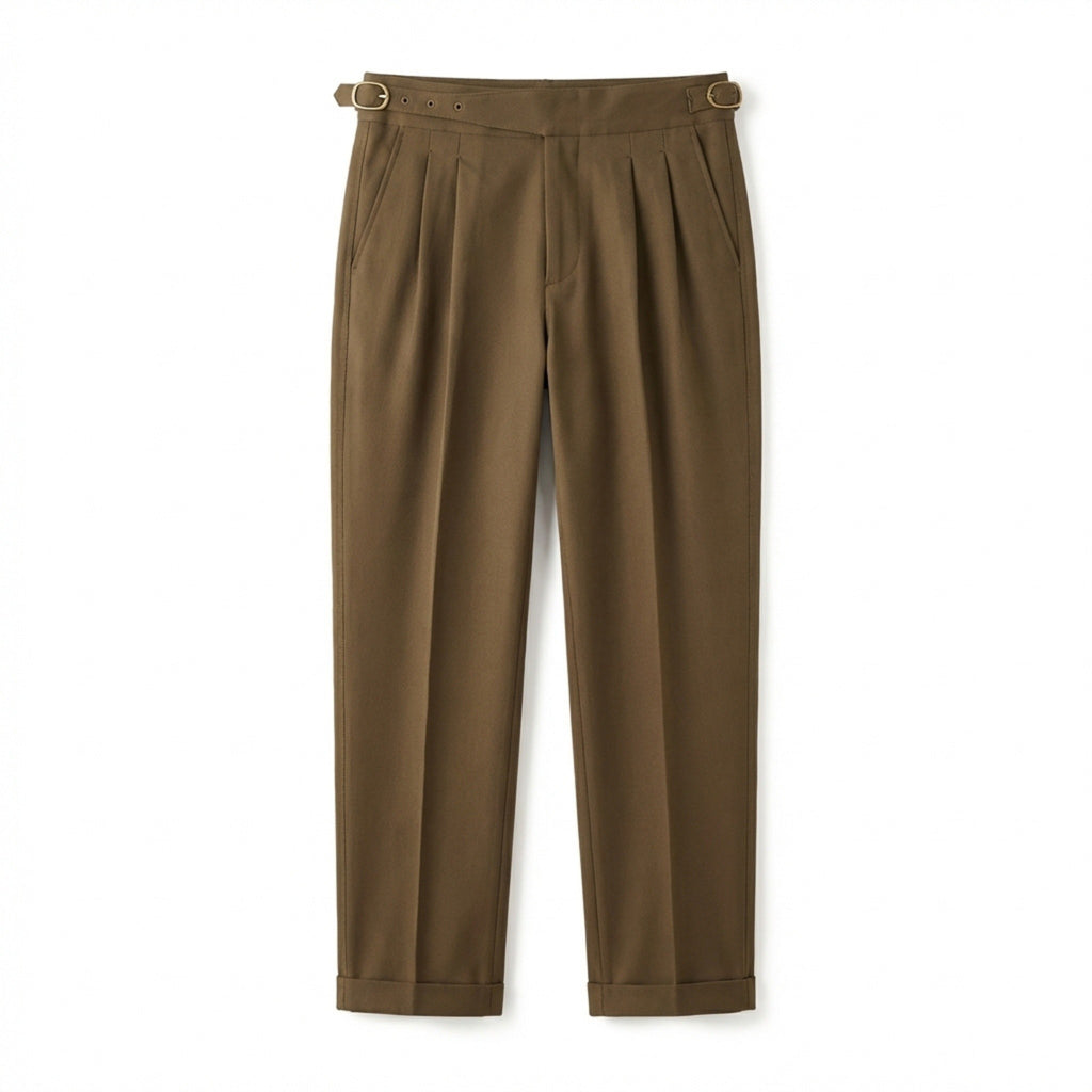 Men’s High Waist Pleated Trousers – Double Belt Straight Fit