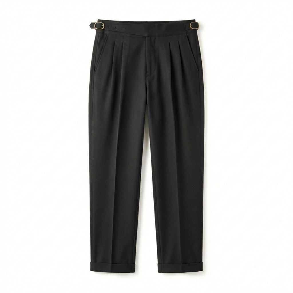 Men’s High Waist Pleated Trousers – Double Belt Straight Fit