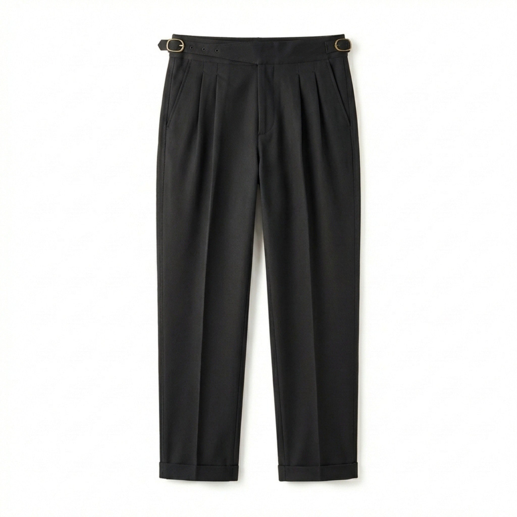 Men’s High Waist Pleated Trousers – Double Belt Straight Fit