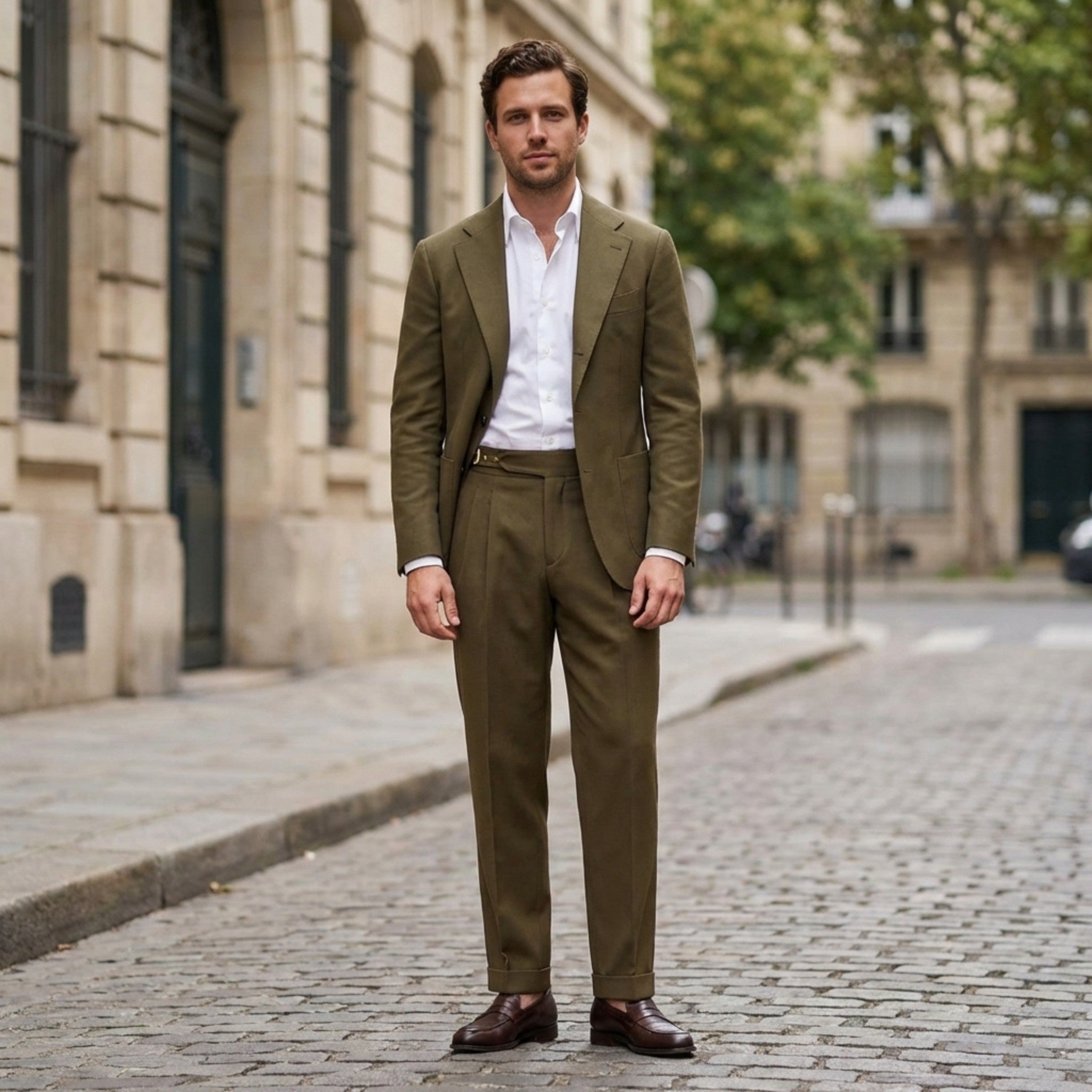 Men’s High Waist Pleated Trousers – Double Belt Straight Fit