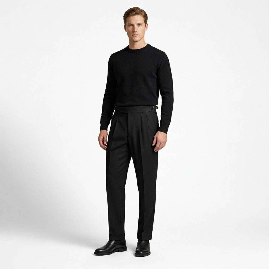 Men’s High Waist Pleated Trousers – Double Belt Straight Fit