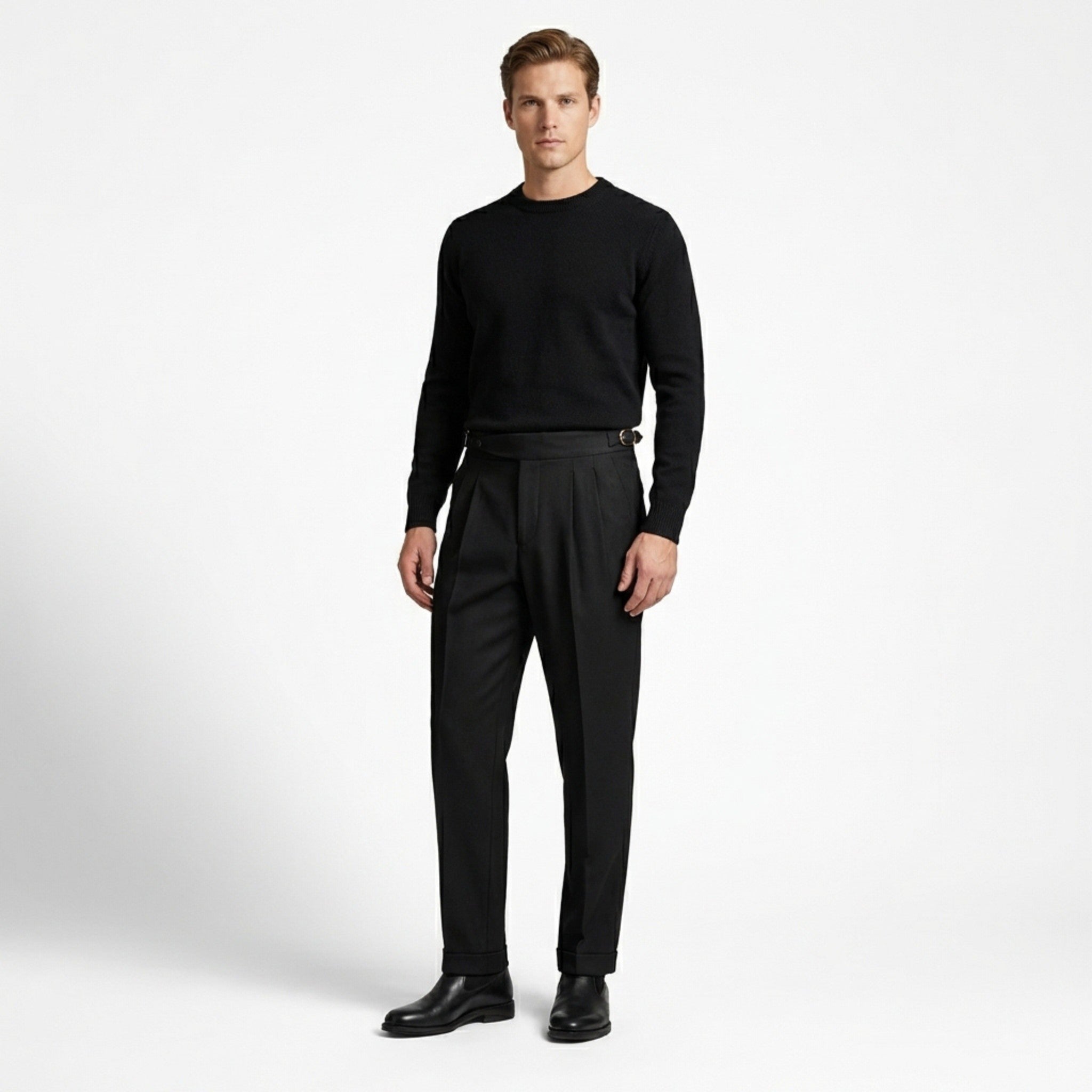 Men’s High Waist Pleated Trousers – Double Belt Straight Fit