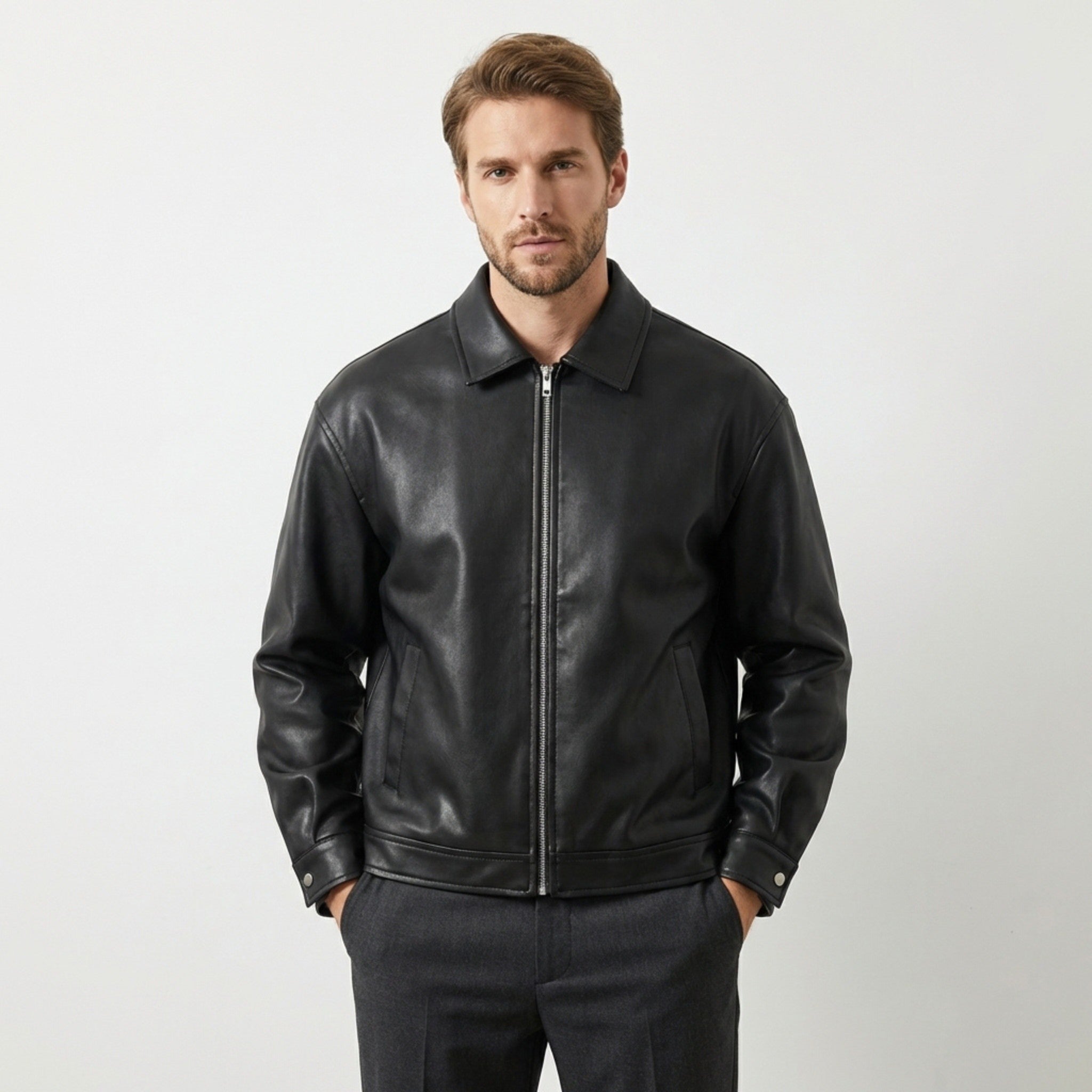 Men’s Oversized Faux Leather Jacket – Relaxed Fit