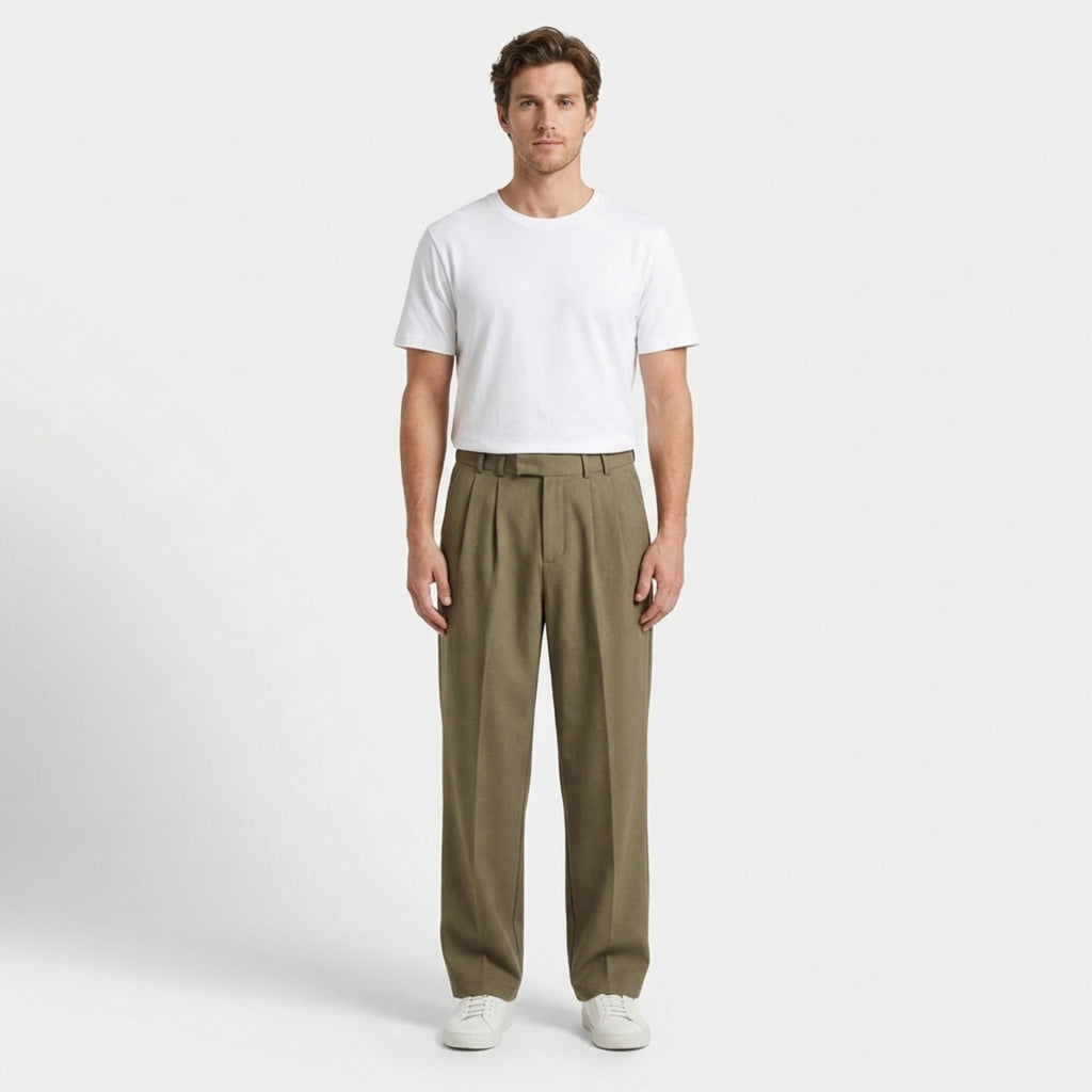 Men’s Pleated Loose Trousers – Straight Leg Woven Style