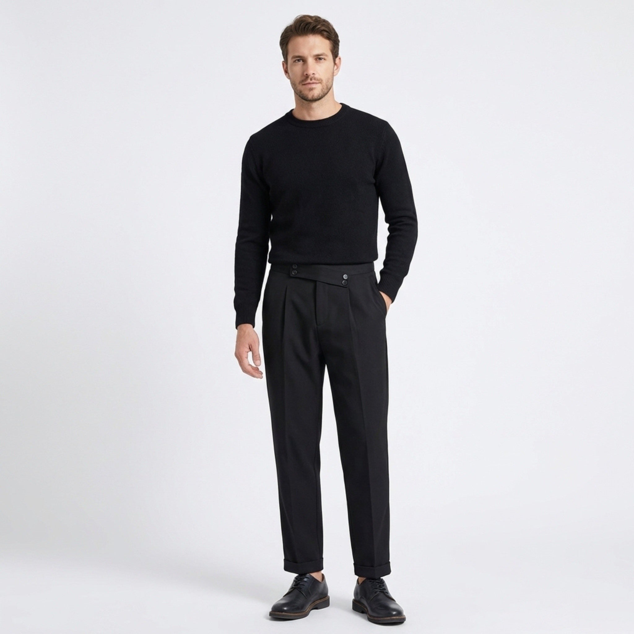 Men’s Pleated Regular Trousers – Straight Leg Button Closure