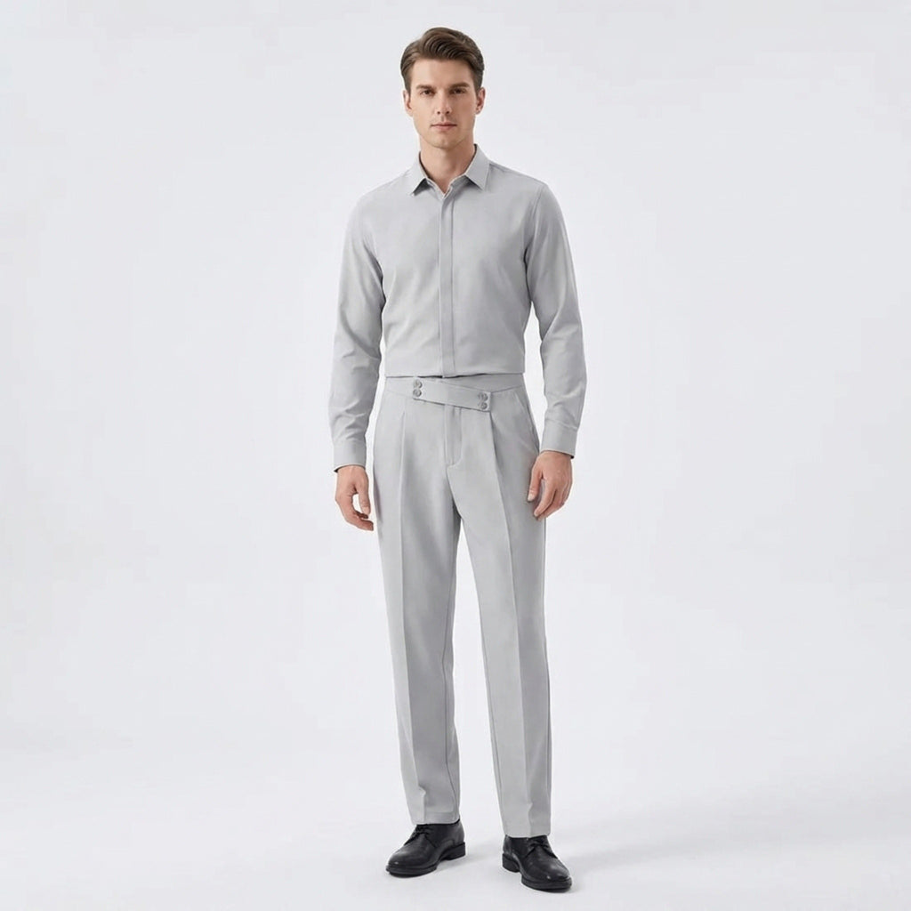 Men’s Pleated Regular Trousers – Straight Leg Button Closure