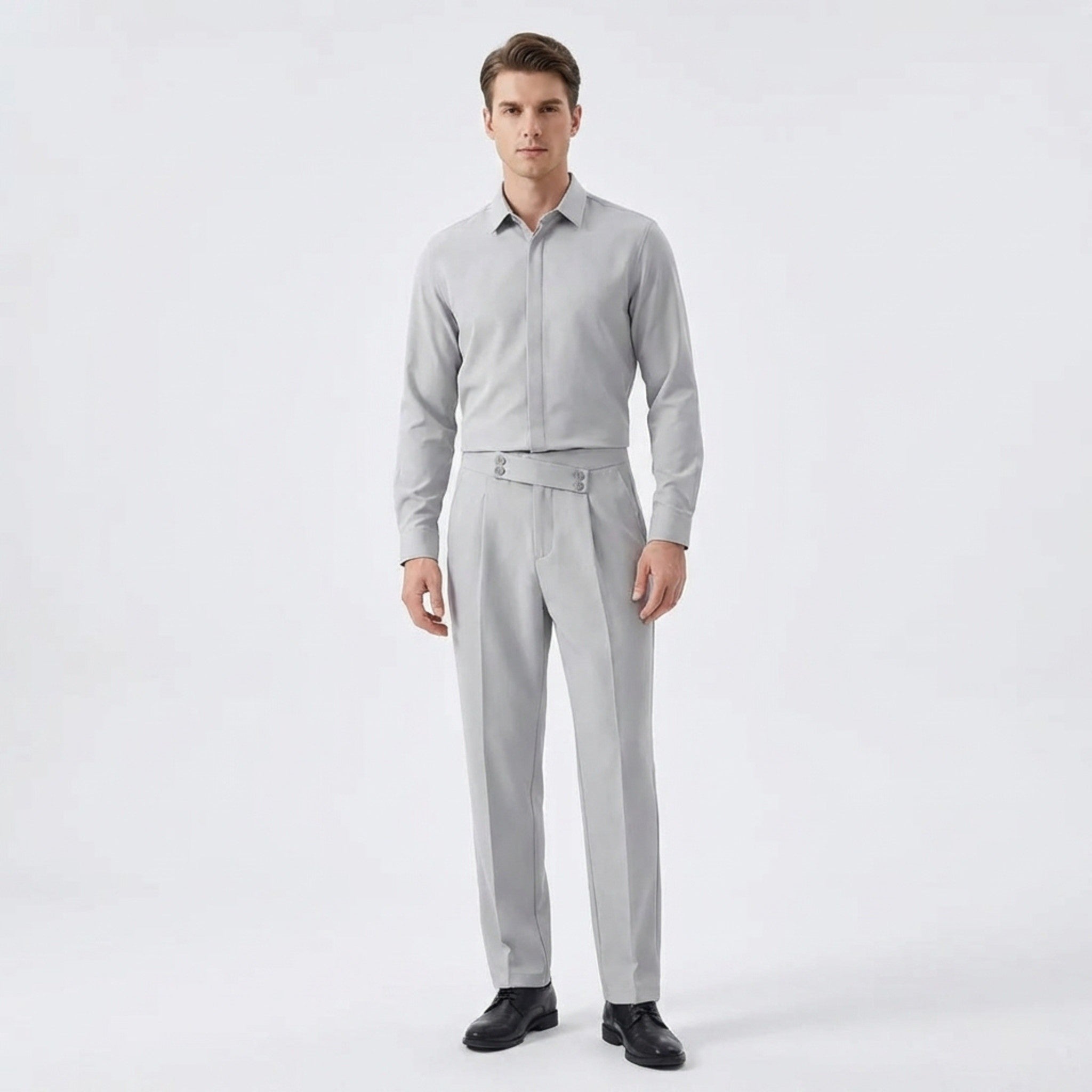 Men’s Pleated Regular Trousers – Straight Leg Button Closure
