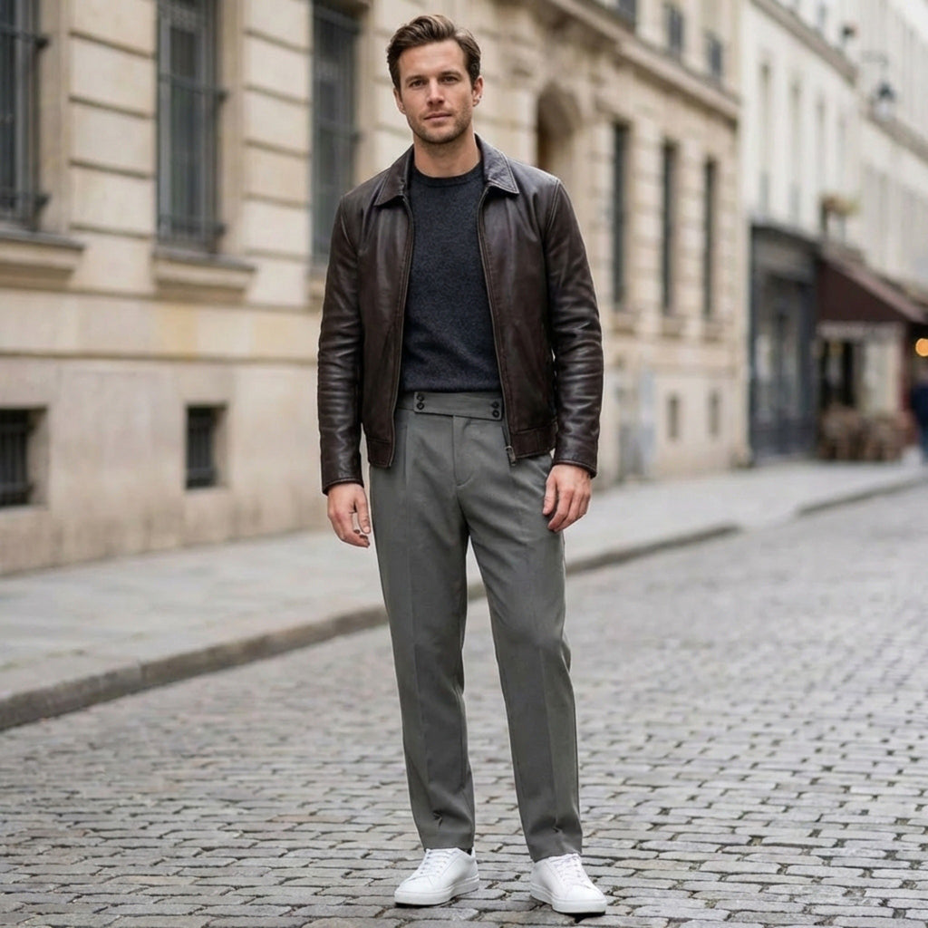 Men’s Pleated Regular Trousers – Straight Leg Button Closure