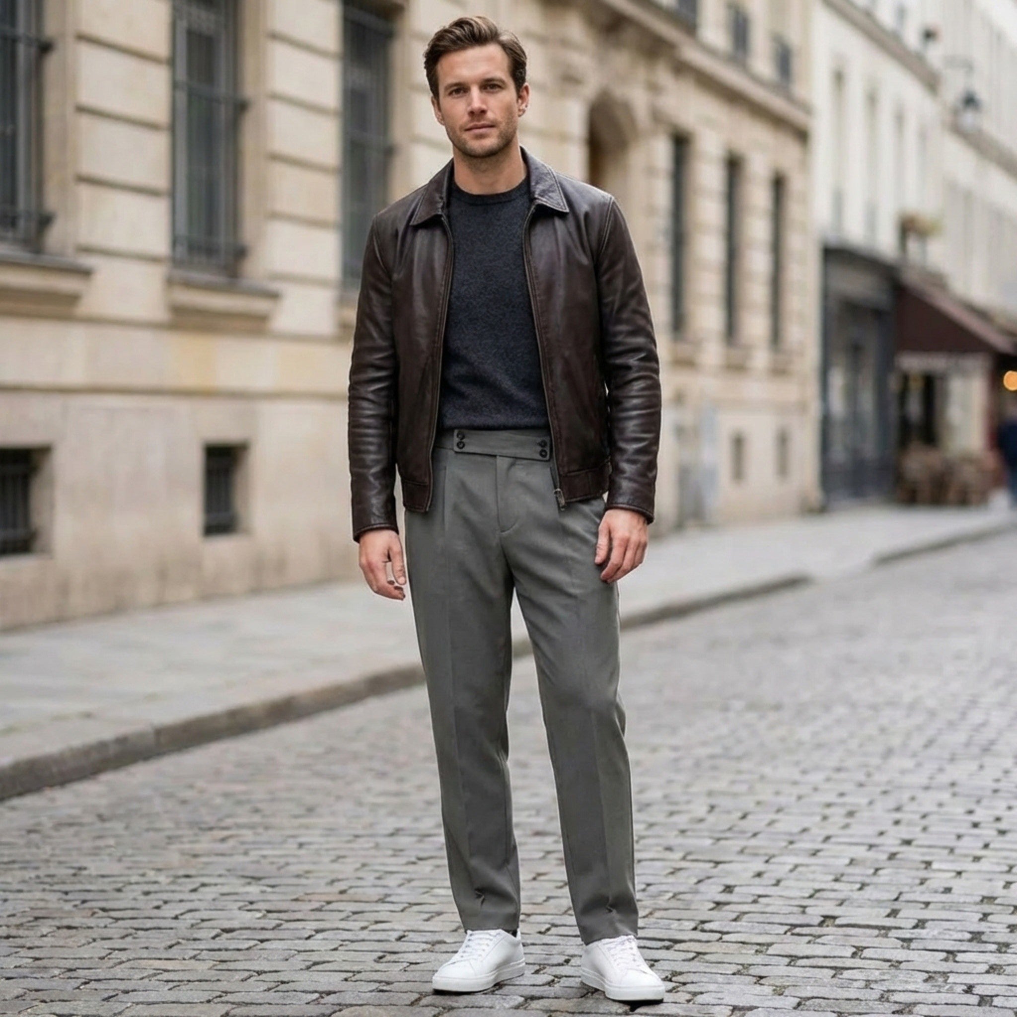 Men’s Pleated Regular Trousers – Straight Leg Button Closure