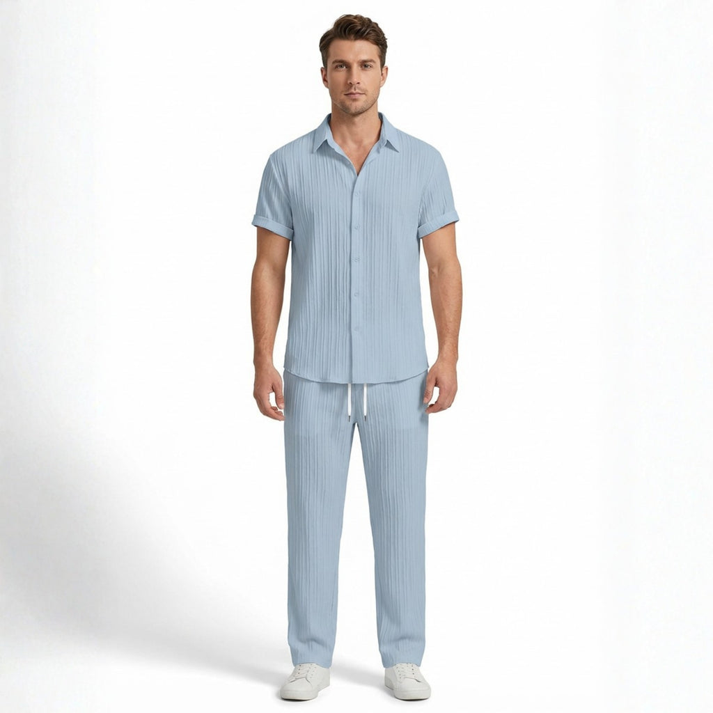 Men’s Pleated Short Sleeve Shirt and Drawstring Trousers Set
