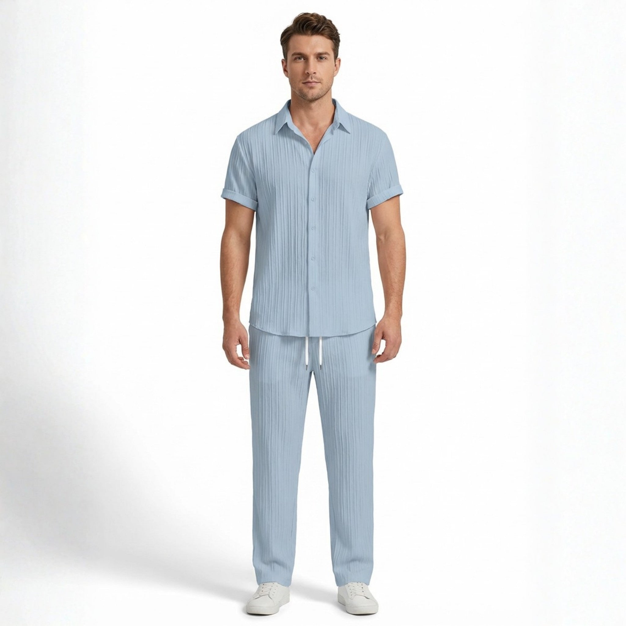 Men’s Pleated Short Sleeve Shirt and Drawstring Trousers Set