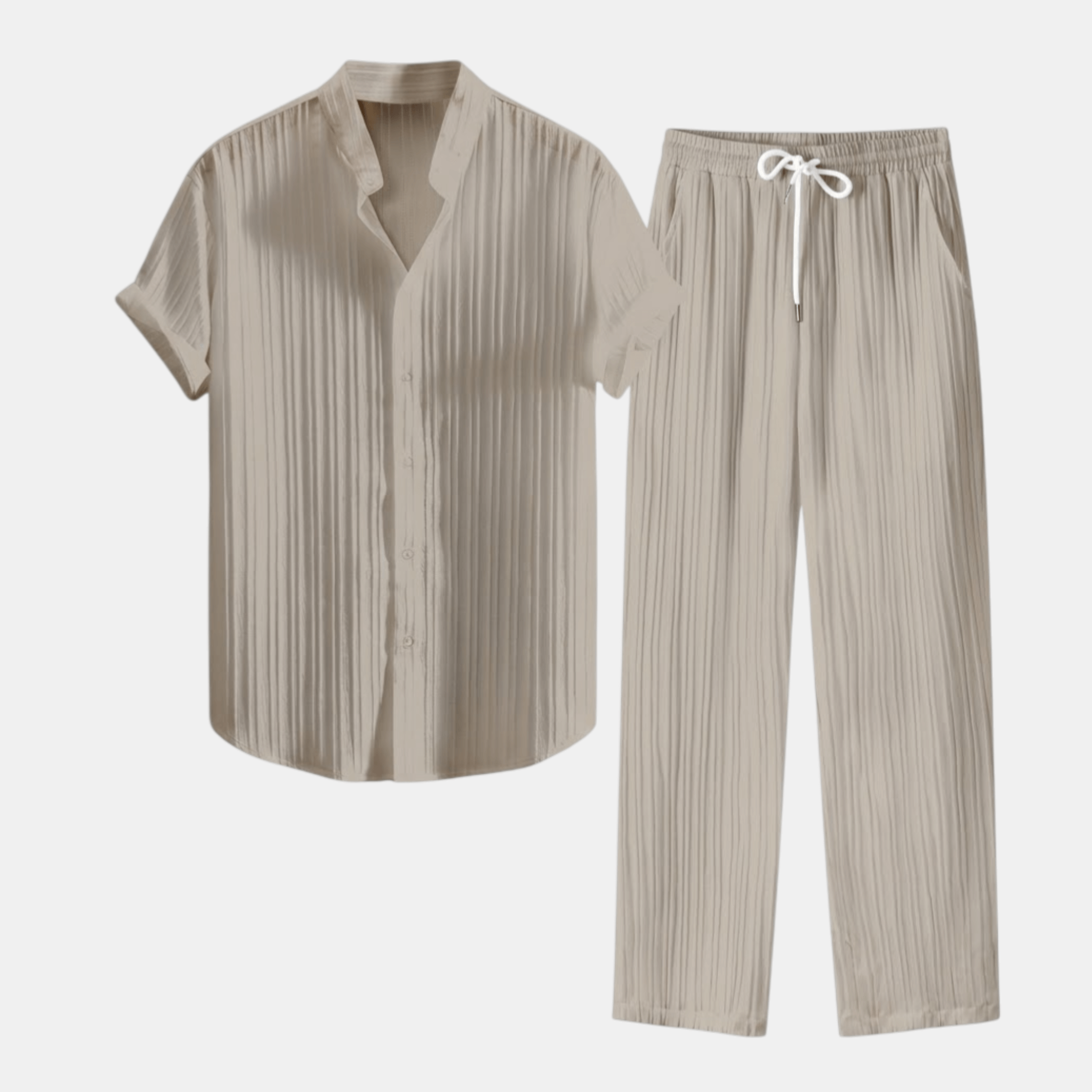 Men’s Pleated Short Sleeve Shirt and Drawstring Trousers Set