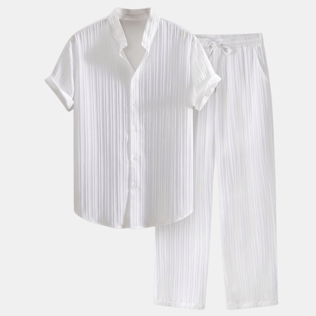 Men’s Pleated Short Sleeve Shirt and Drawstring Trousers Set