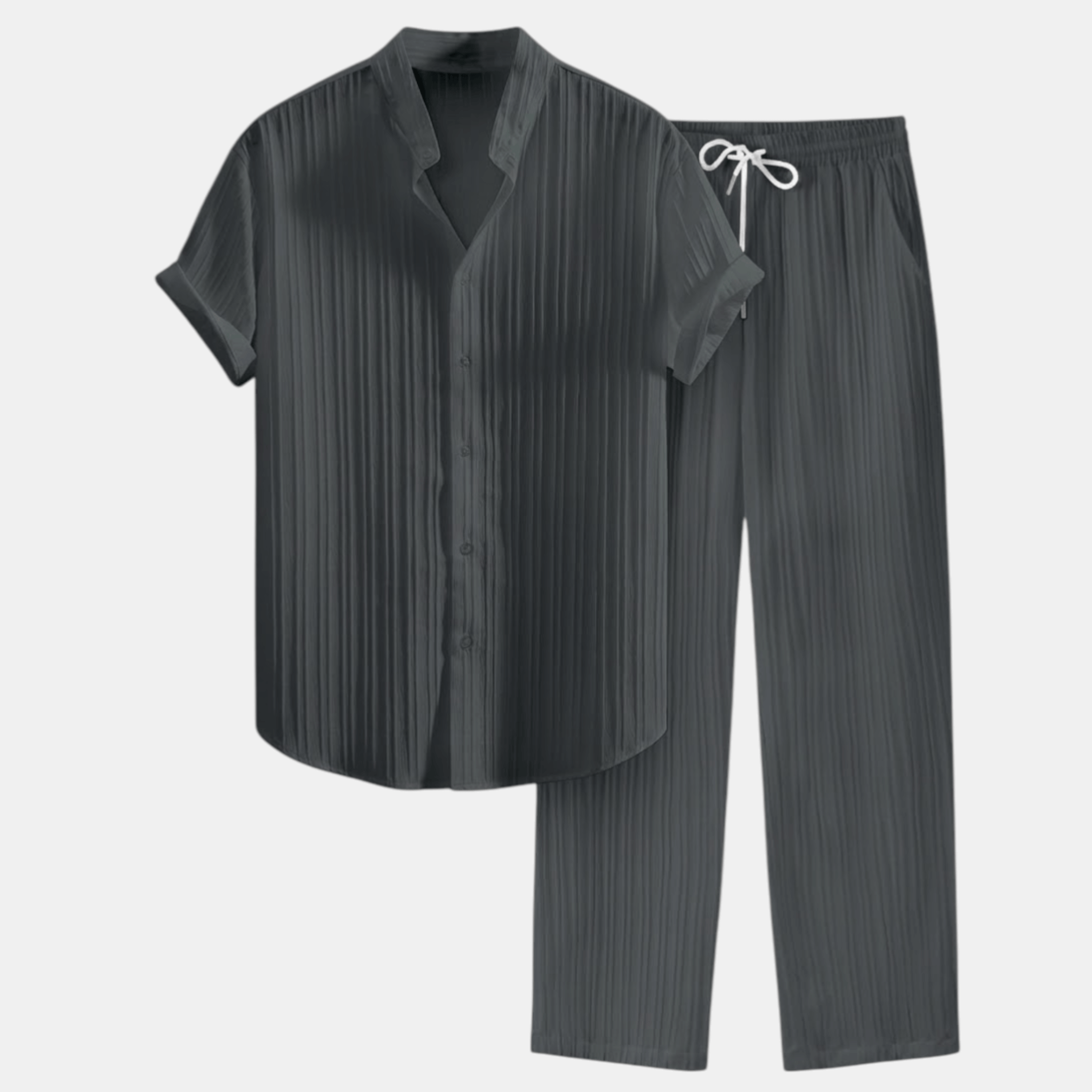 Men’s Pleated Short Sleeve Shirt and Drawstring Trousers Set