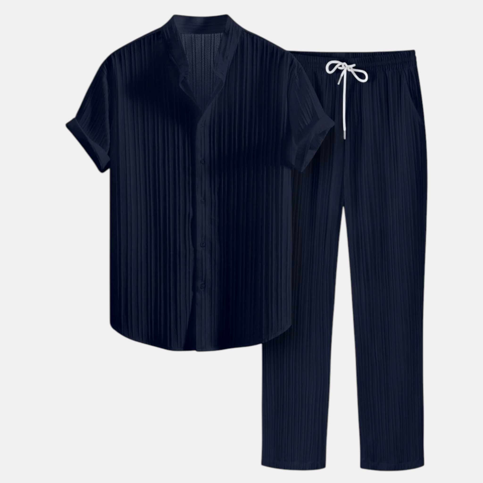Men’s Pleated Short Sleeve Shirt and Drawstring Trousers Set