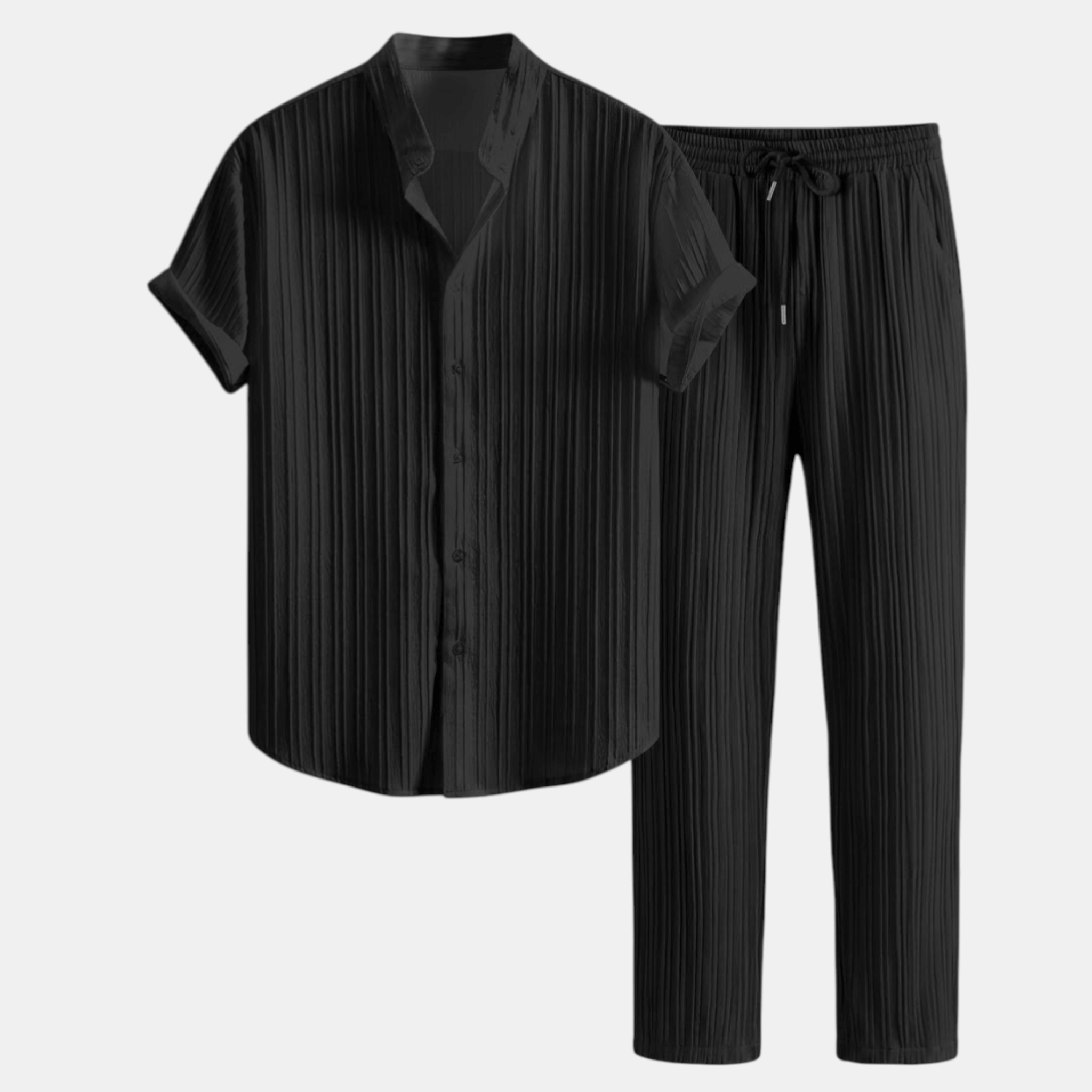 Men’s Pleated Short Sleeve Shirt and Drawstring Trousers Set