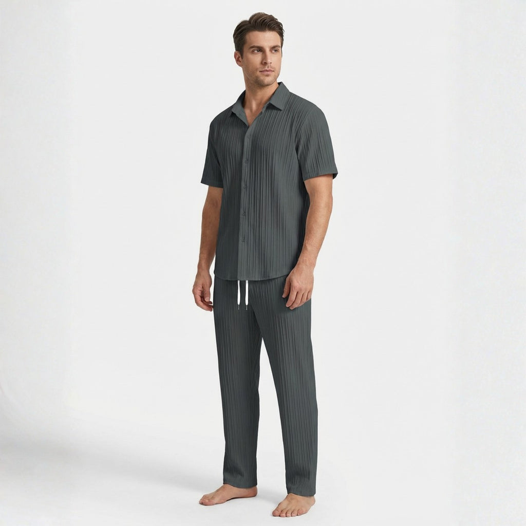 Men’s Pleated Short Sleeve Shirt and Drawstring Trousers Set