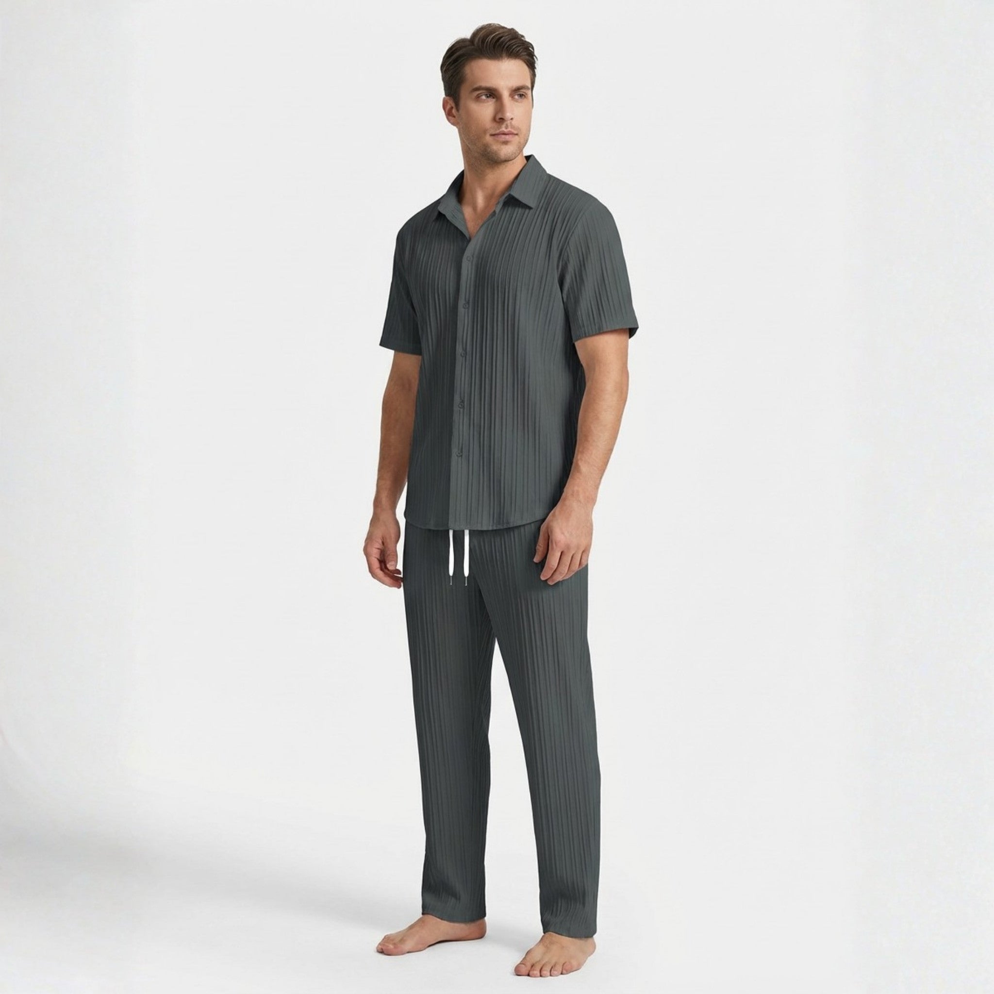 Men’s Pleated Short Sleeve Shirt and Drawstring Trousers Set