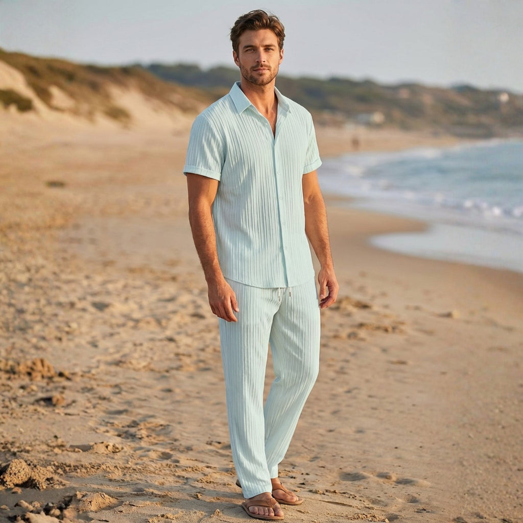 Men’s Pleated Short Sleeve Shirt and Drawstring Trousers Set