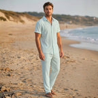 Men’s Pleated Short Sleeve Shirt and Drawstring Trousers Set