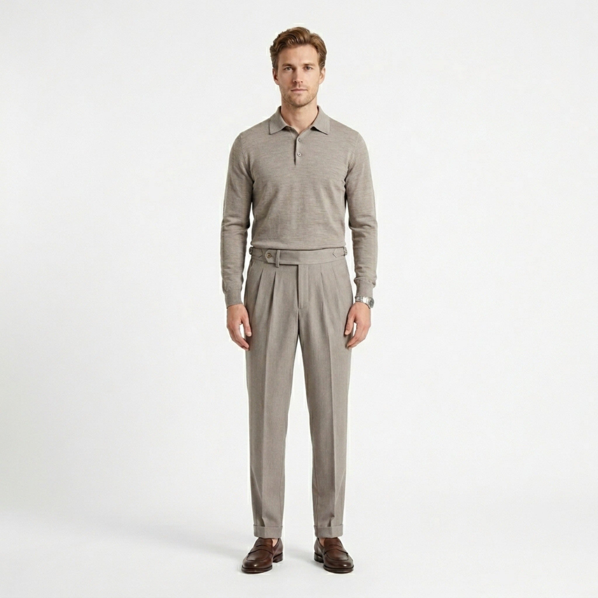 Men’s Pleated Straight Leg Trousers – Adjustable Waist Detail
