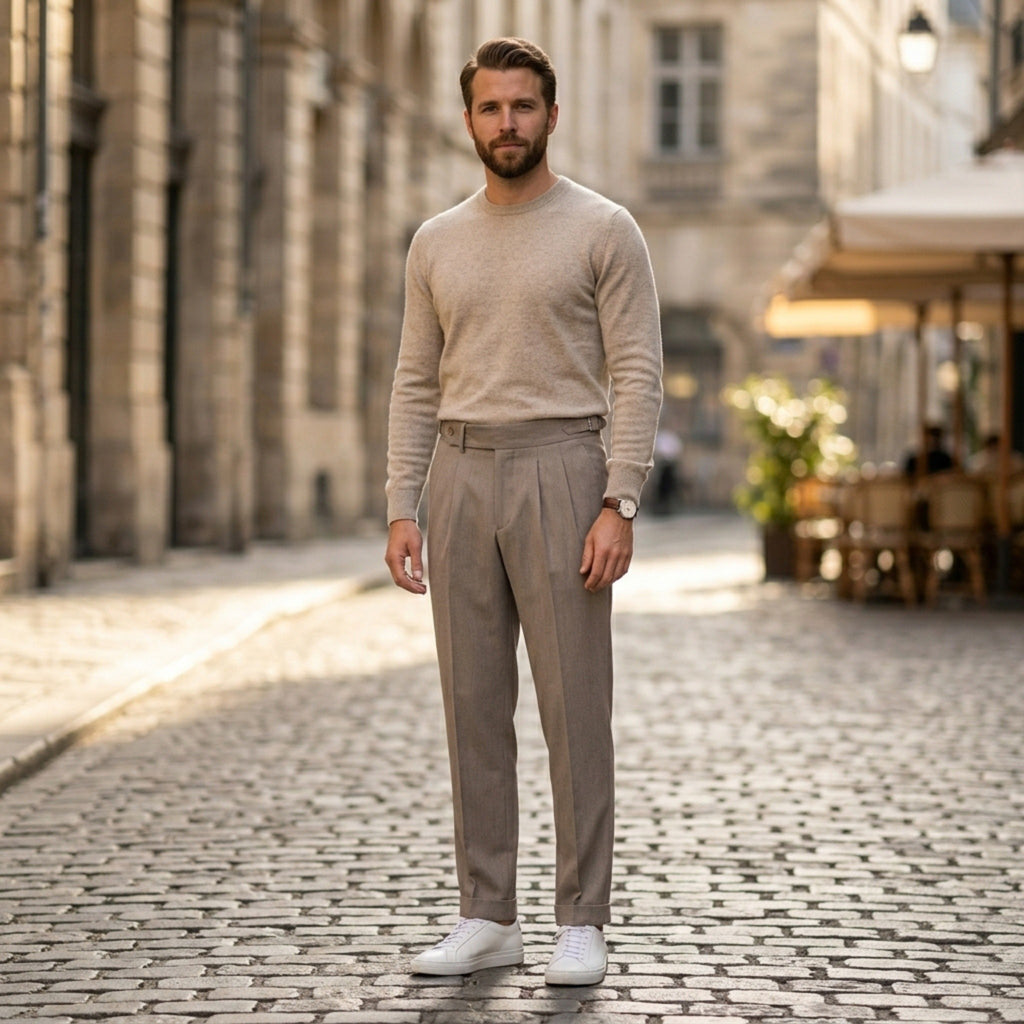 Men’s Pleated Straight Leg Trousers – Adjustable Waist Detail