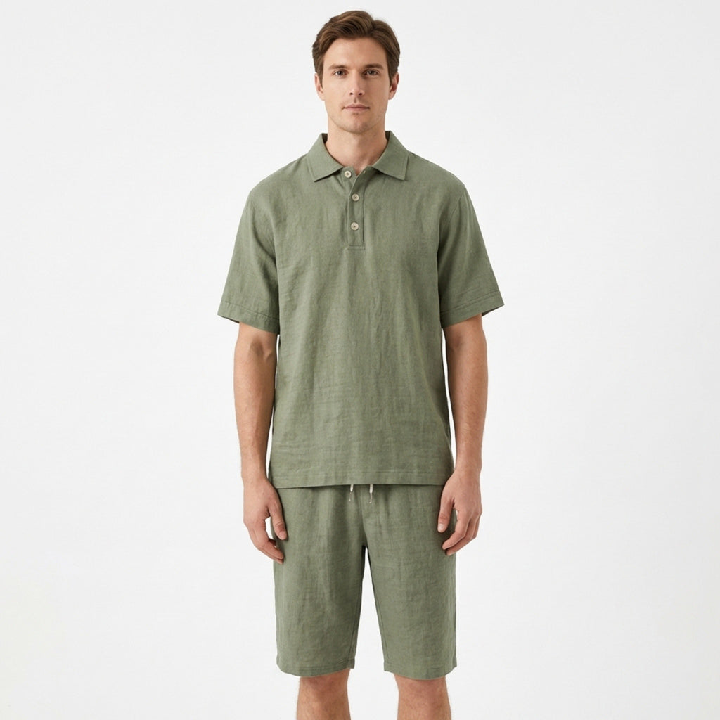 Men’s Short Sleeve Polo and Shorts Set – Solid Color Casual Style