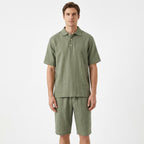 Men’s Short Sleeve Polo and Shorts Set – Solid Color Casual Style