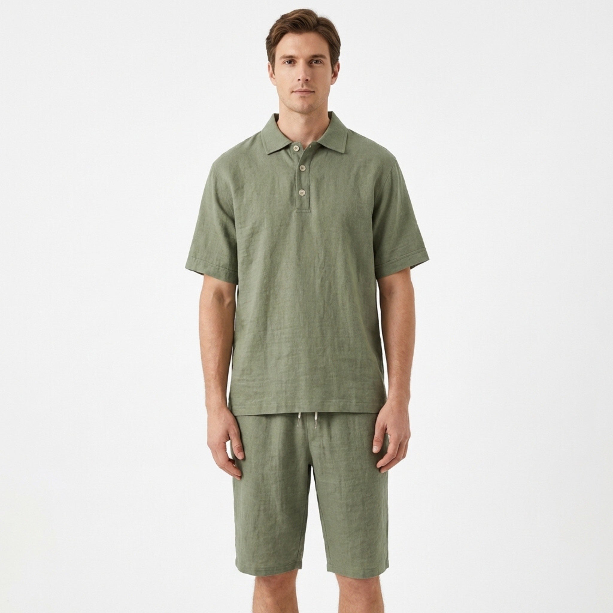 Men’s Short Sleeve Polo and Shorts Set – Solid Color Casual Style