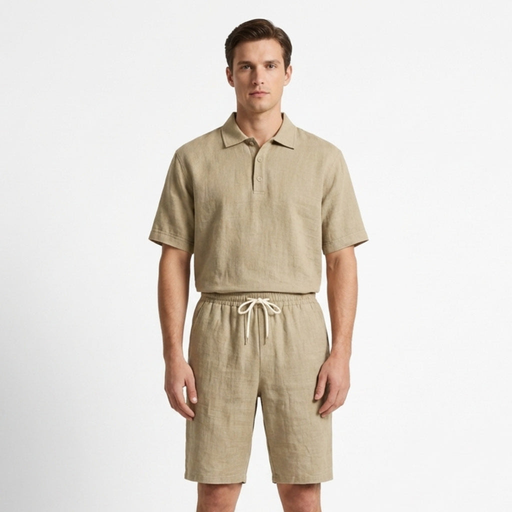 Men’s Short Sleeve Polo and Shorts Set – Solid Color Casual Style