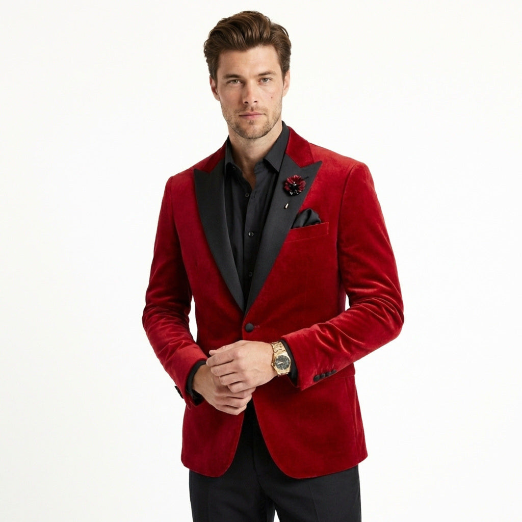 Men’s Vintage Velvet Solid Colour Blazer – Regular Standard Fit Single Breasted One Button