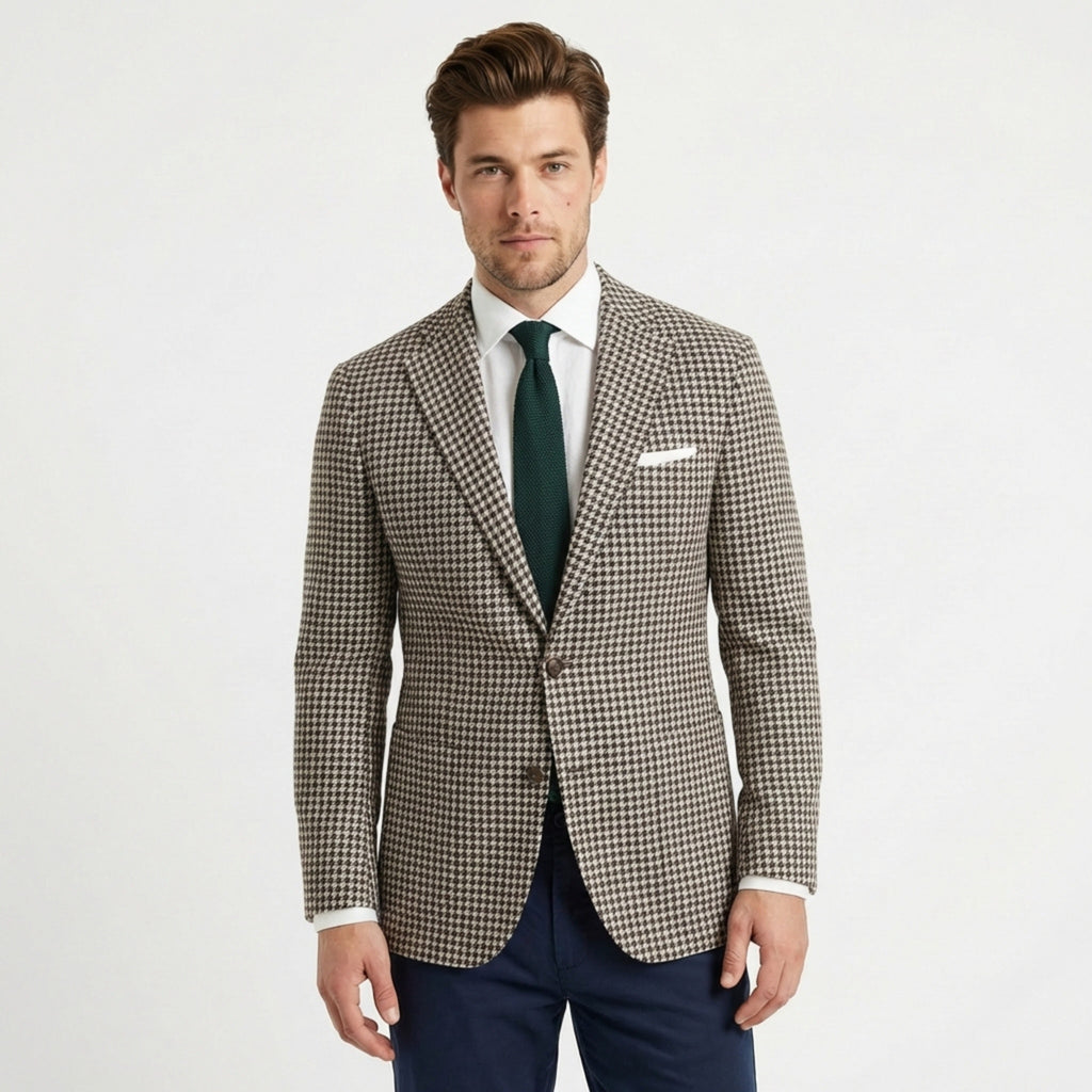 Men’s Tailored Fit Houndstooth Casual Blazer – Single Breasted Two Buttons Green Red Brown