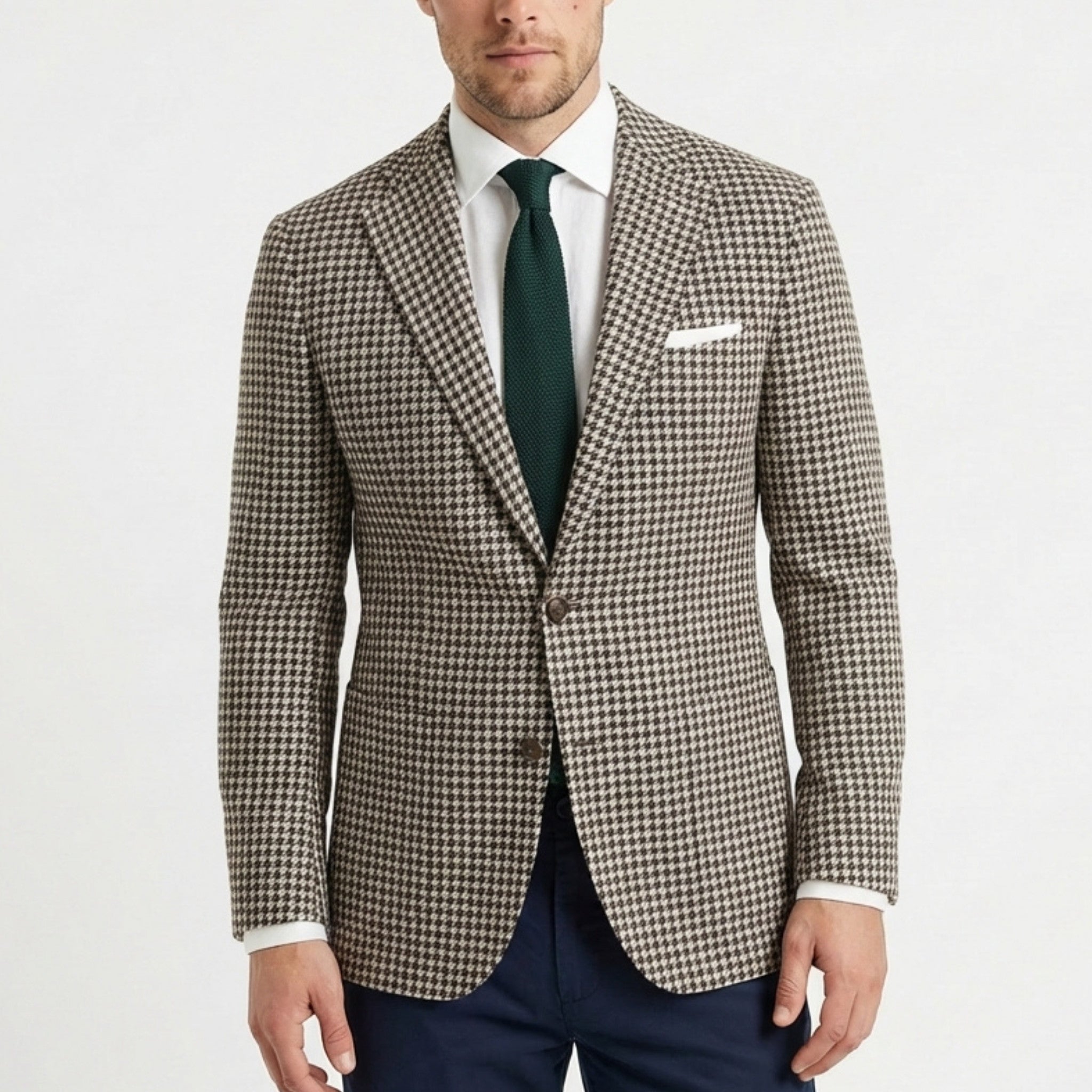 Men’s Tailored Fit Houndstooth Casual Blazer – Single Breasted Two Buttons Green Red Brown