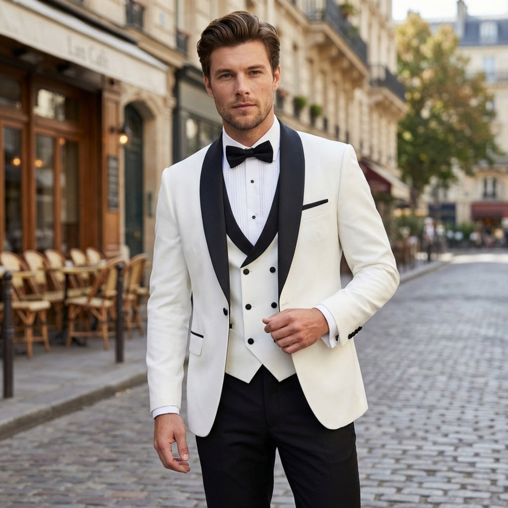 Men’s Tailored Fit 3-Piece Wedding Suit – Single Breasted One Button Shawl Collar