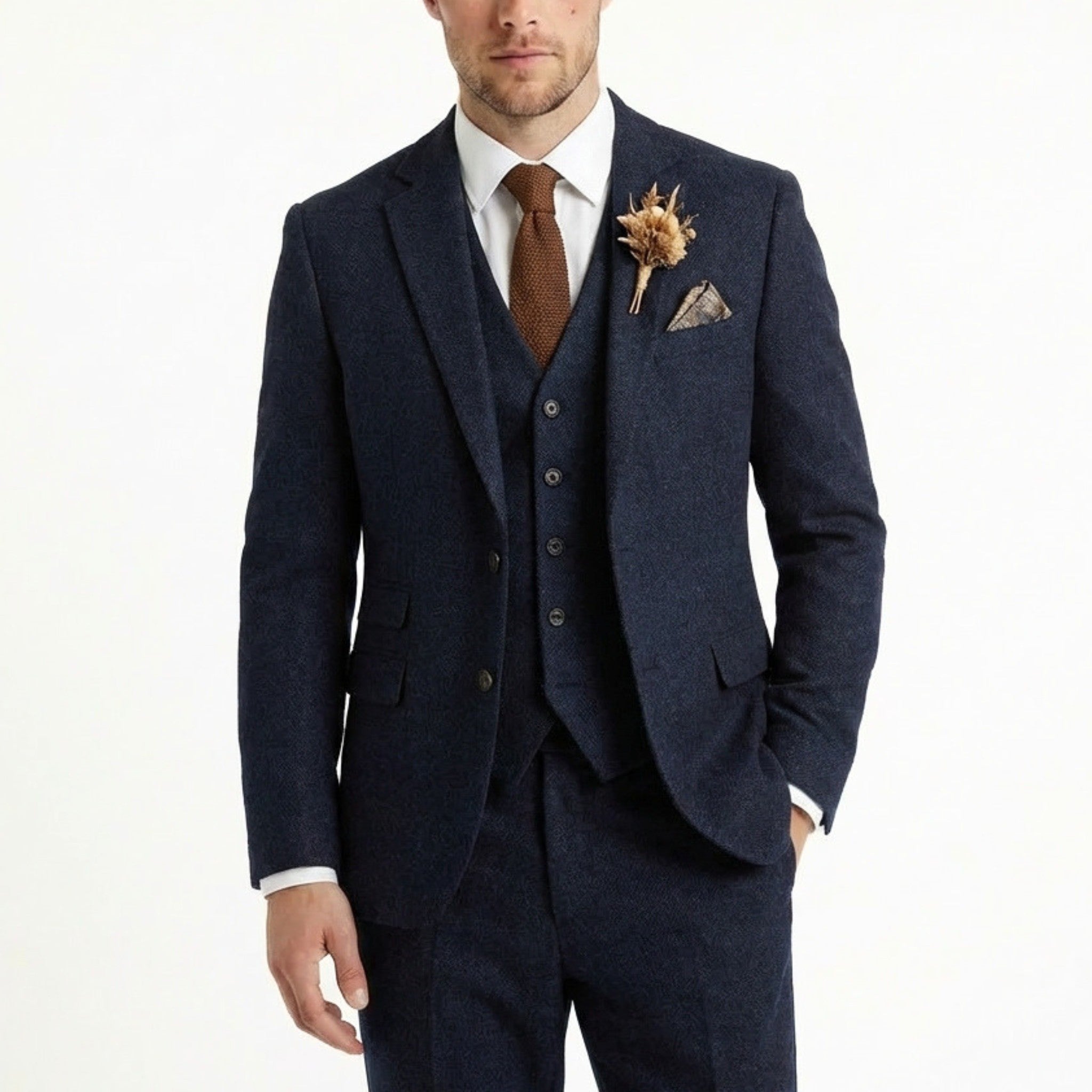 Men’s Solid Colour 3-Piece Tweed Suit – Tailored Fit Single Breasted Two Buttons Retro Vintage Business Wedding Party