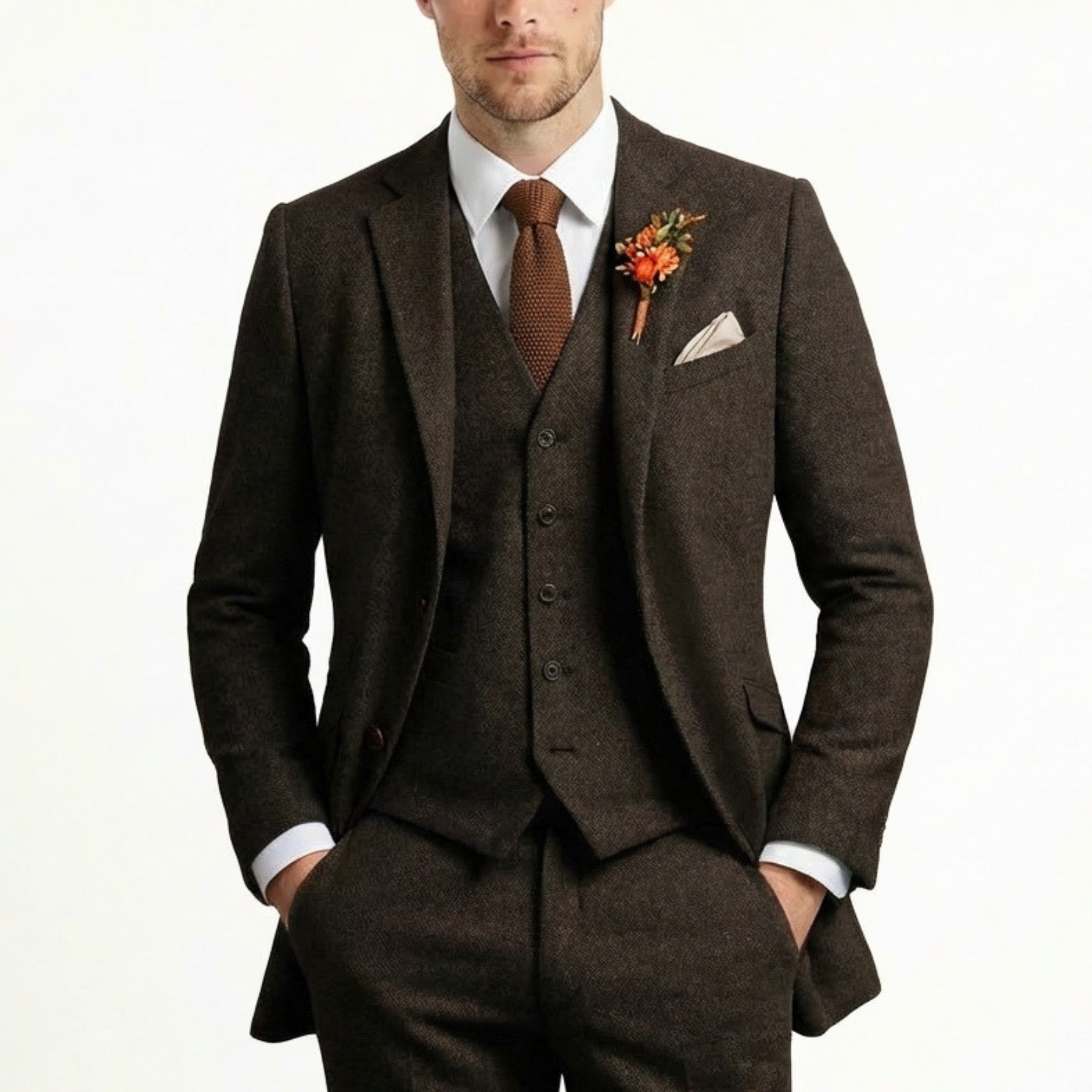 Men’s Solid Colour 3-Piece Tweed Suit – Tailored Fit Single Breasted Two Buttons Retro Vintage Business Wedding Party