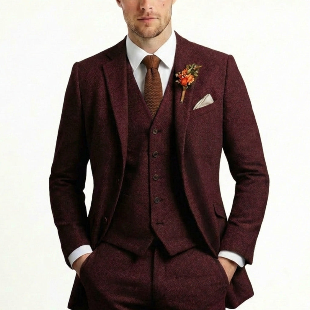 Men’s Solid Colour 3-Piece Tweed Suit – Tailored Fit Single Breasted Two Buttons Retro Vintage Business Wedding Party