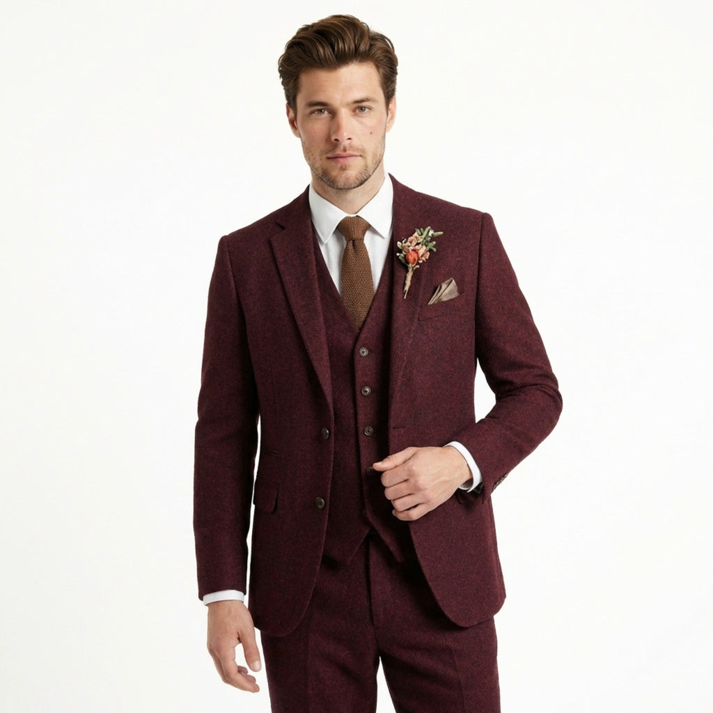 Men’s Solid Colour 3-Piece Tweed Suit – Tailored Fit Single Breasted Two Buttons Retro Vintage Business Wedding Party