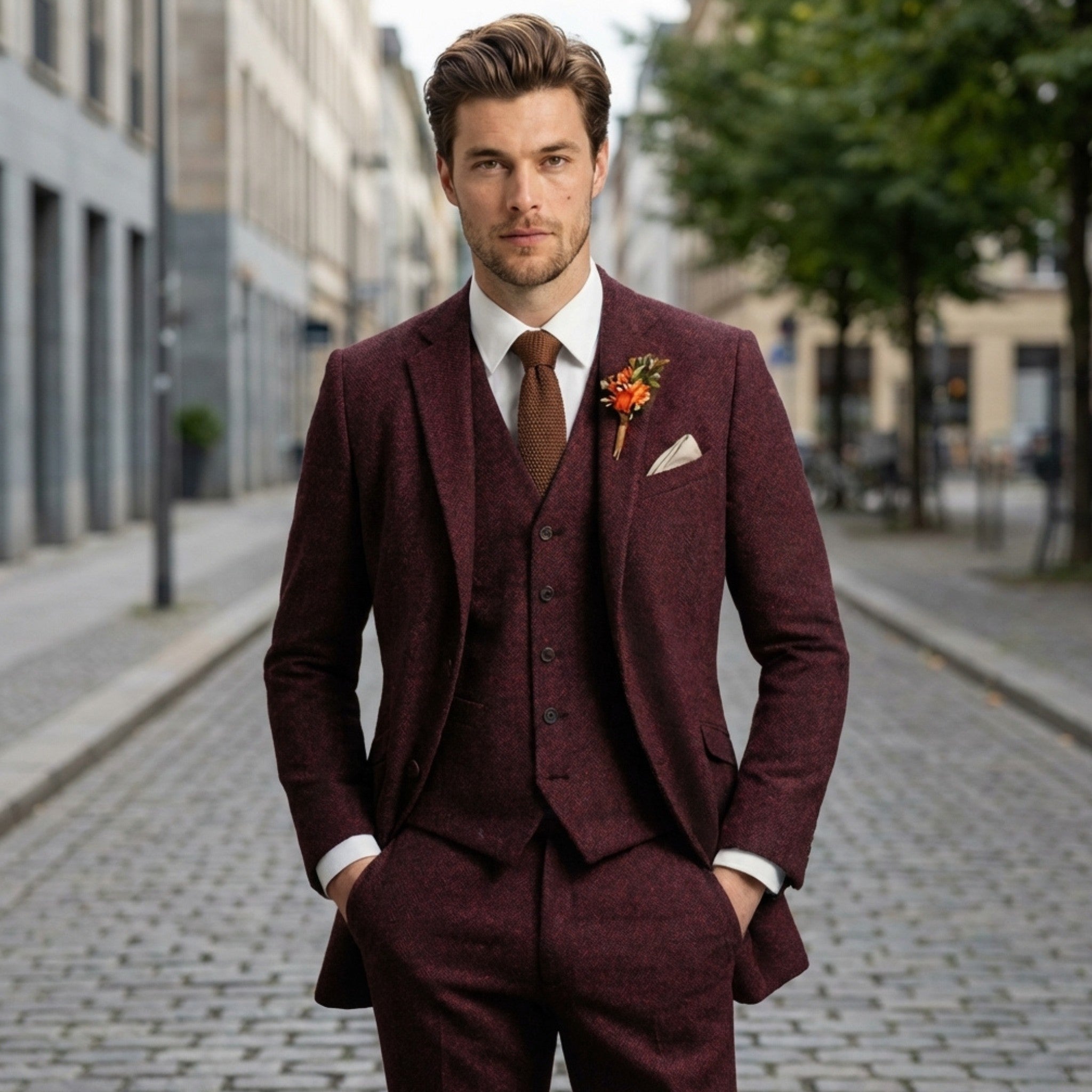 Men’s Solid Colour 3-Piece Tweed Suit – Tailored Fit Single Breasted Two Buttons Retro Vintage Business Wedding Party