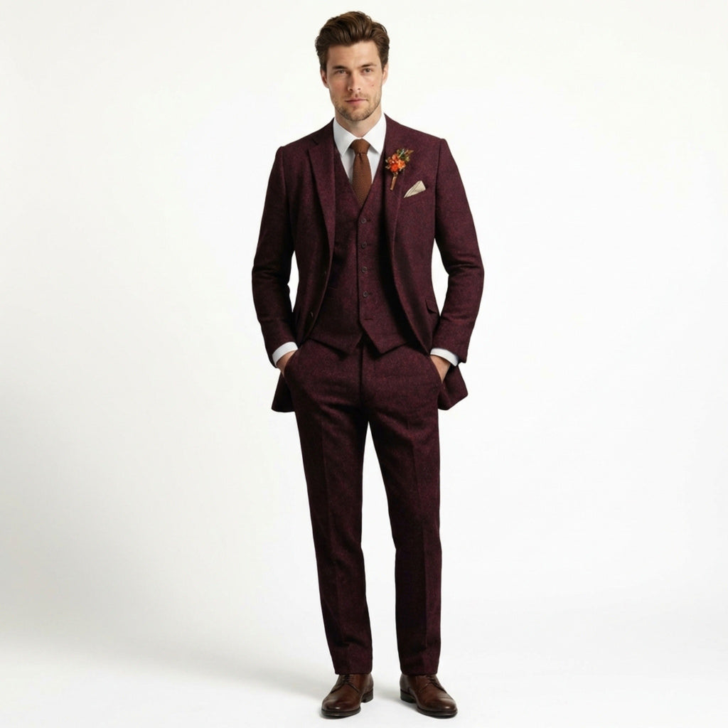 Men’s Solid Colour 3-Piece Tweed Suit – Tailored Fit Single Breasted Two Buttons Retro Vintage Business Wedding Party
