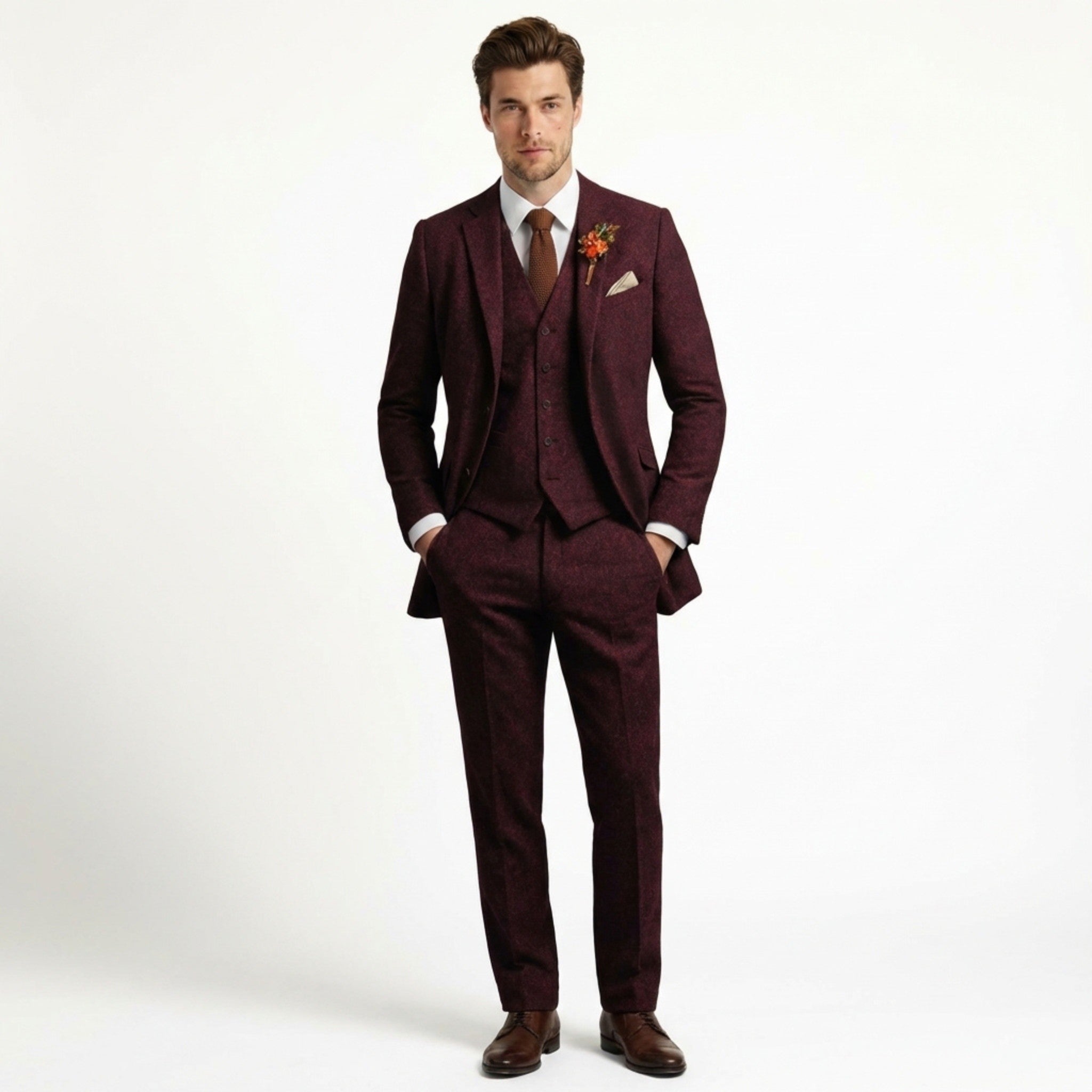 Men’s Solid Colour 3-Piece Tweed Suit – Tailored Fit Single Breasted Two Buttons Retro Vintage Business Wedding Party