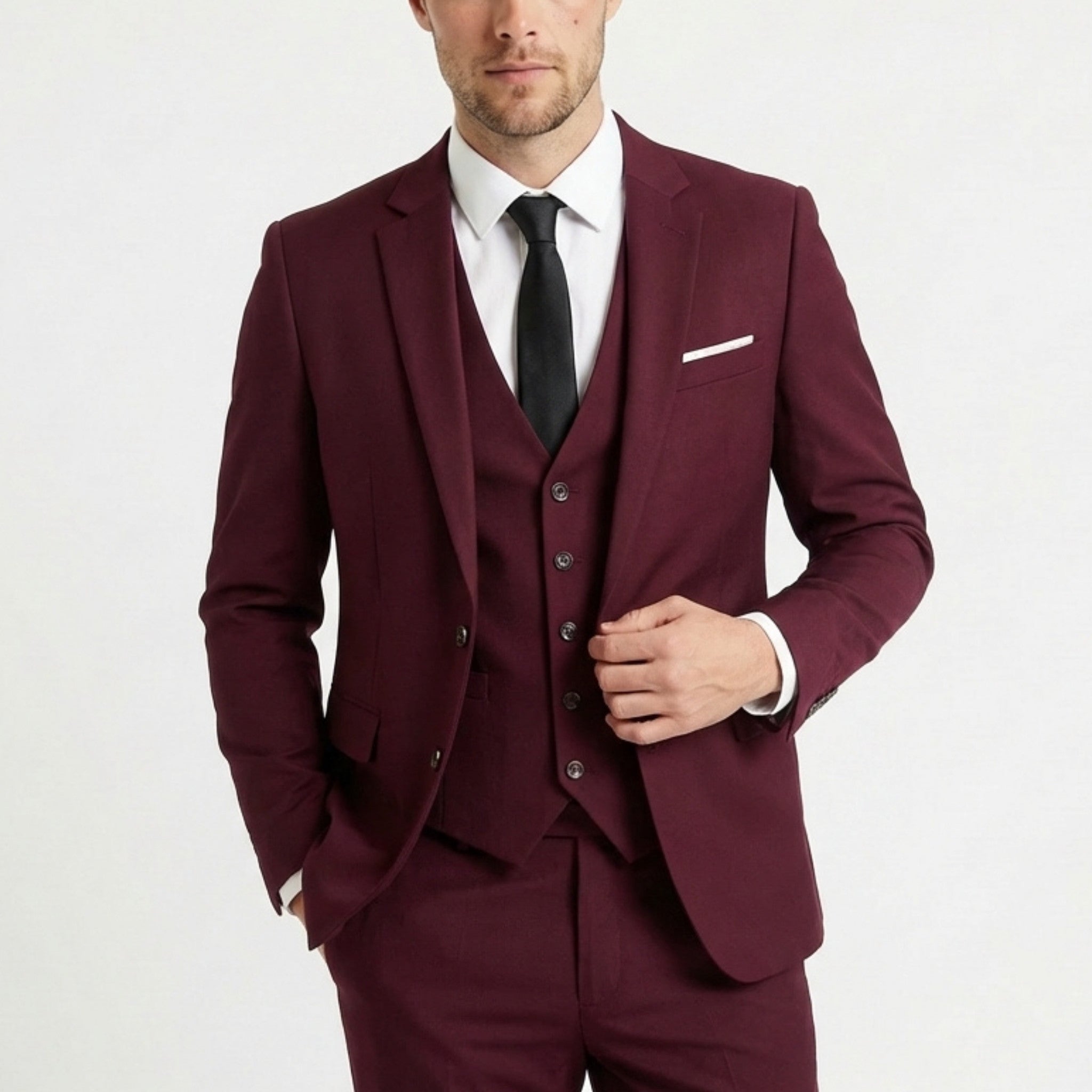 Men’s Tailored Fit 3-Piece Suit – Single Breasted Two Buttons Notch Lapel