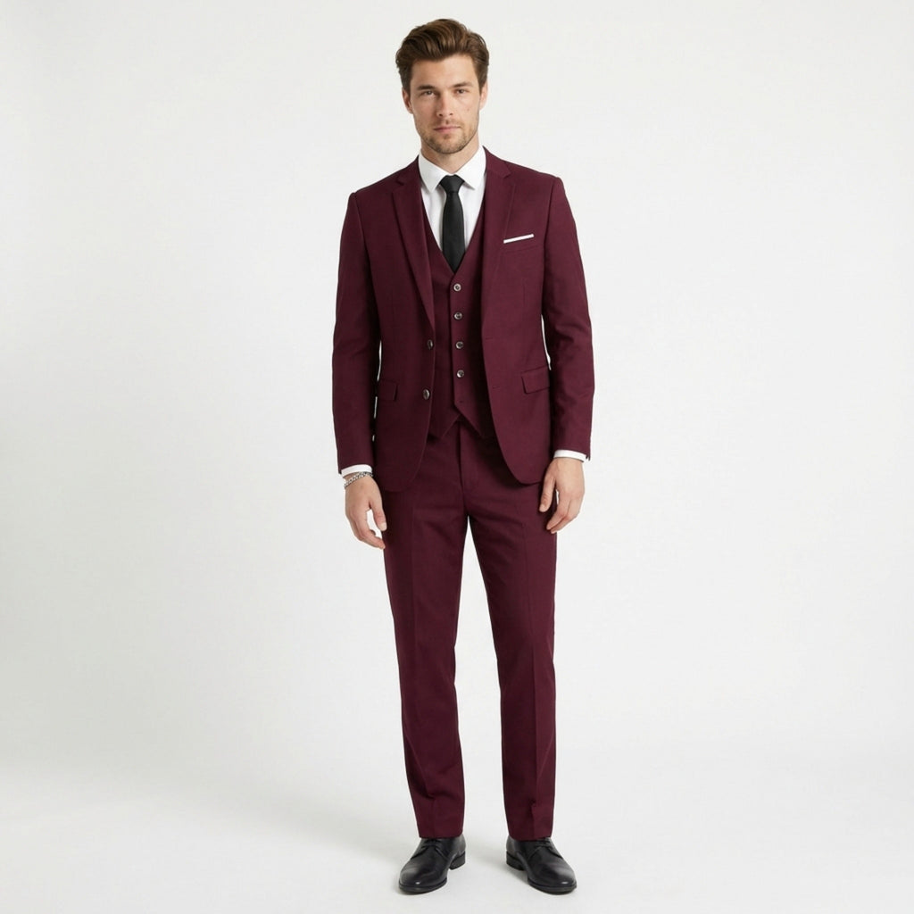 Men’s Tailored Fit 3-Piece Suit – Single Breasted Two Buttons Notch Lapel