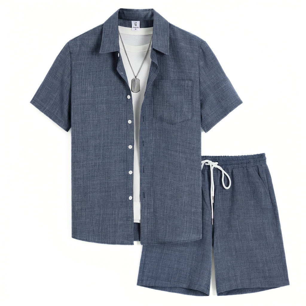 Men’s Solid Two Piece Set – Short Sleeve Shirt and Shorts