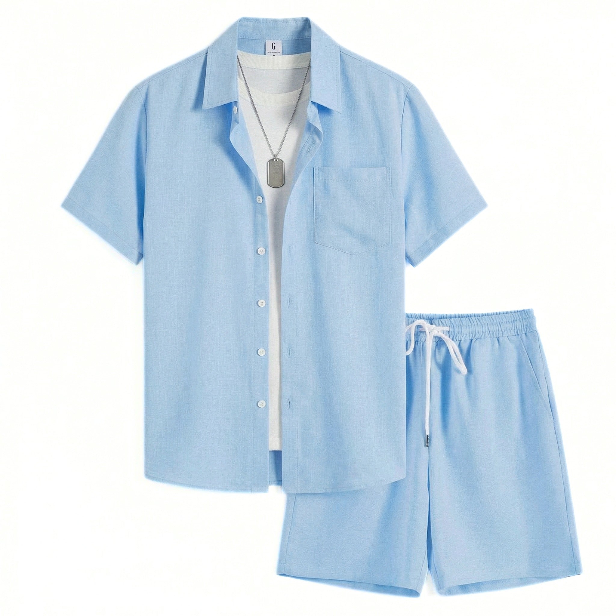 Men’s Solid Two Piece Set – Short Sleeve Shirt and Shorts