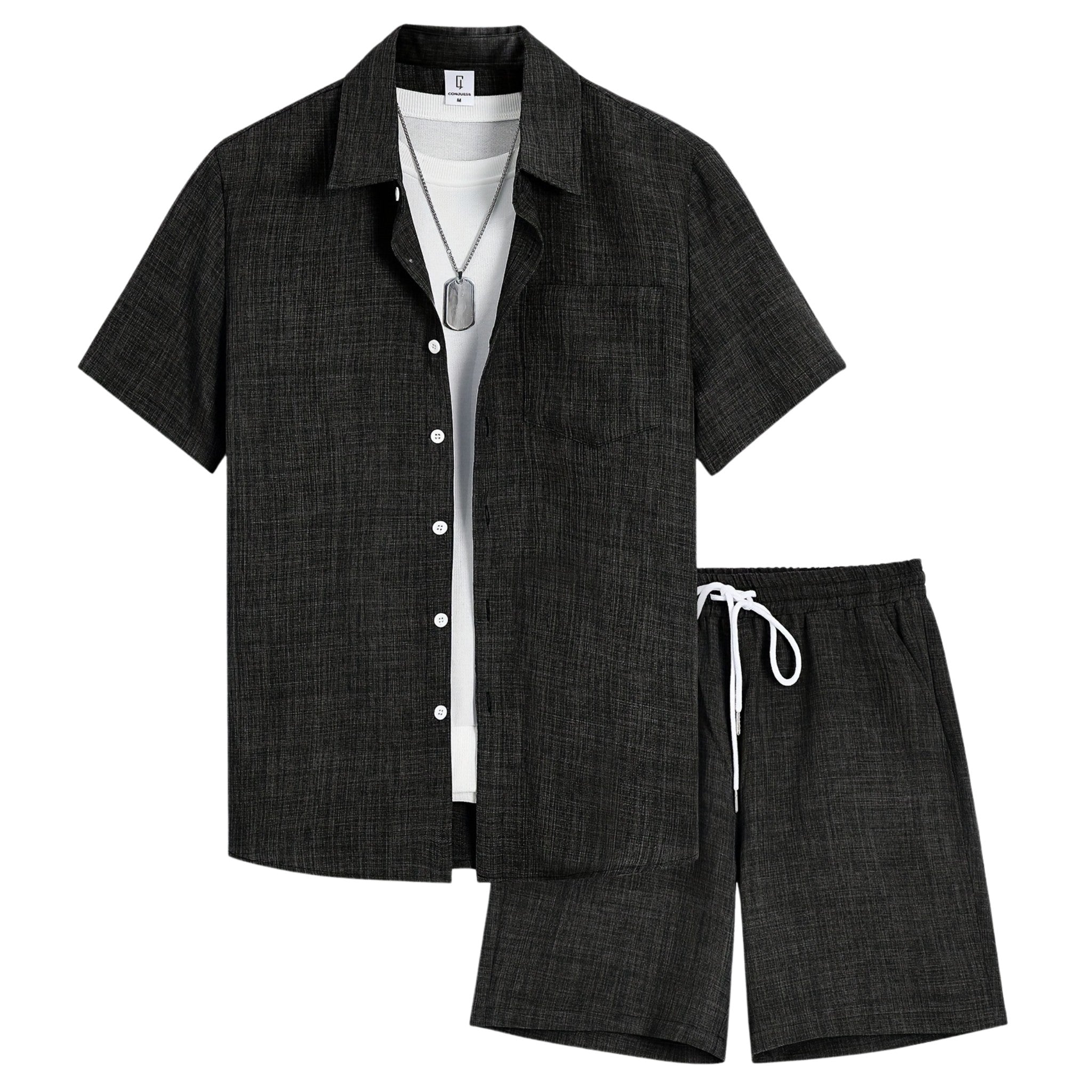 Men’s Solid Two Piece Set – Short Sleeve Shirt and Shorts